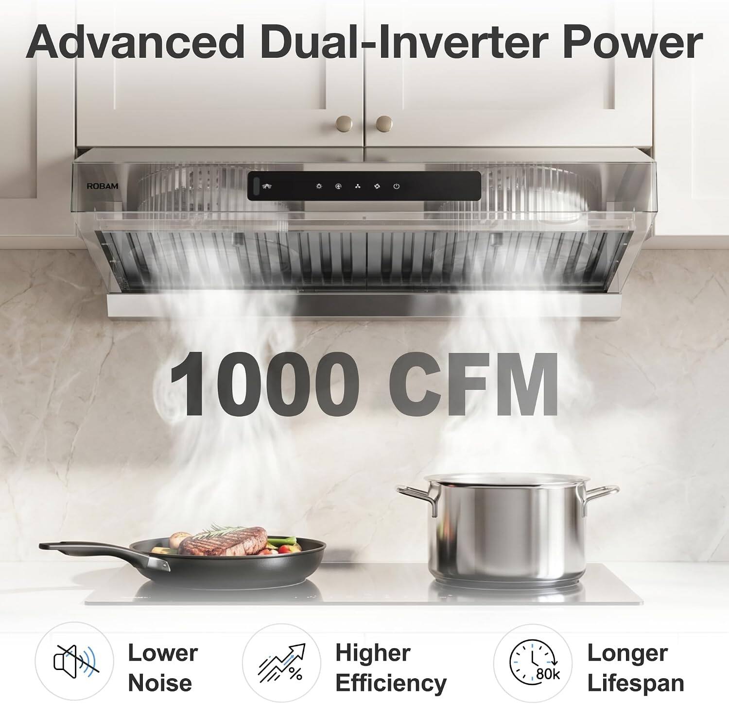 Advanced Dual-Inverter Power  
ROBAM  
1000 CFM  
Lower Noise  
Higher Efficiency  
Longer 80k Lifespan