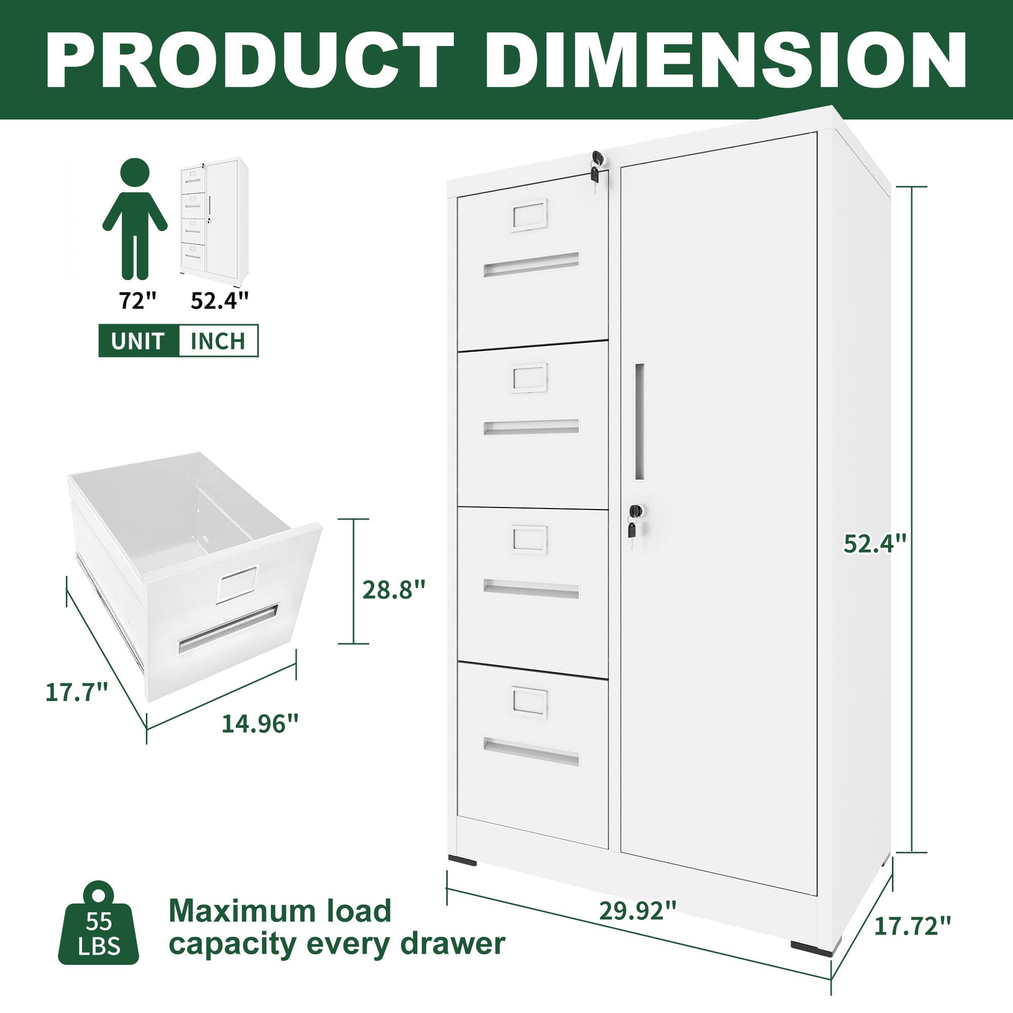 PRODUCT DIMENSION

- 72" x 52.4" (UNIT INCH)
- 52.4" x 28.8" x 17.7" x 14.96"
- Maximum load capacity every drawer: 55 LBS
- 29.92" x 17.72"
