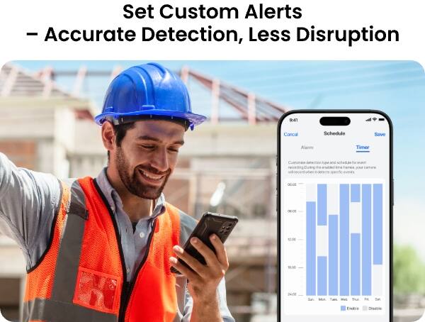 Set Custom Alerts - Accurate Detection, Less Disruption

9:41
Cancel
Schedule
Save
Alarm
Timer
Customics
STARTS for the anabled is
occc
SOUBO
12.00
10.00
24.00
Sun . Takes -
Tour
Fri
Con
Enable
Disable
