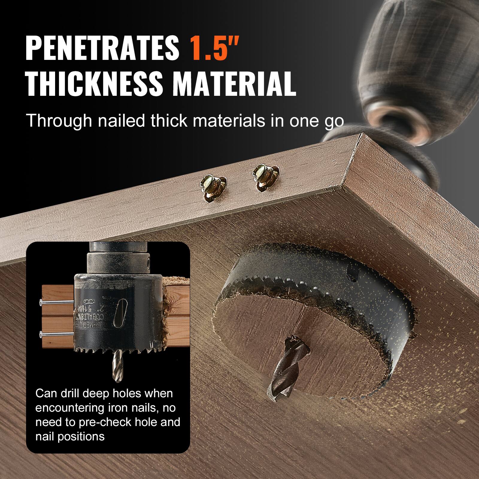 PENETRATES 1.5" THICKNESS MATERIAL  
Through nailed thick materials in one go  

Can drill deep holes when encountering iron nails, no need to pre-check hole and nail positions