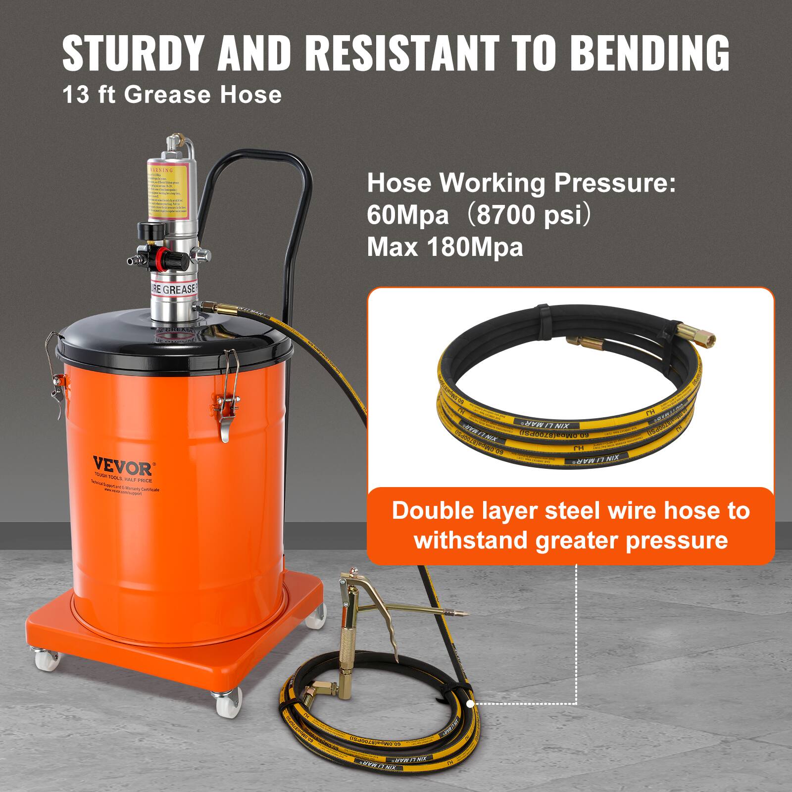 STURDY AND RESISTANT TO BENDING  
13 ft Grease Hose  

Hose Working Pressure:  
60Mpa (8700 psi)  
Max 180Mpa  

Double layer steel wire hose to withstand greater pressure