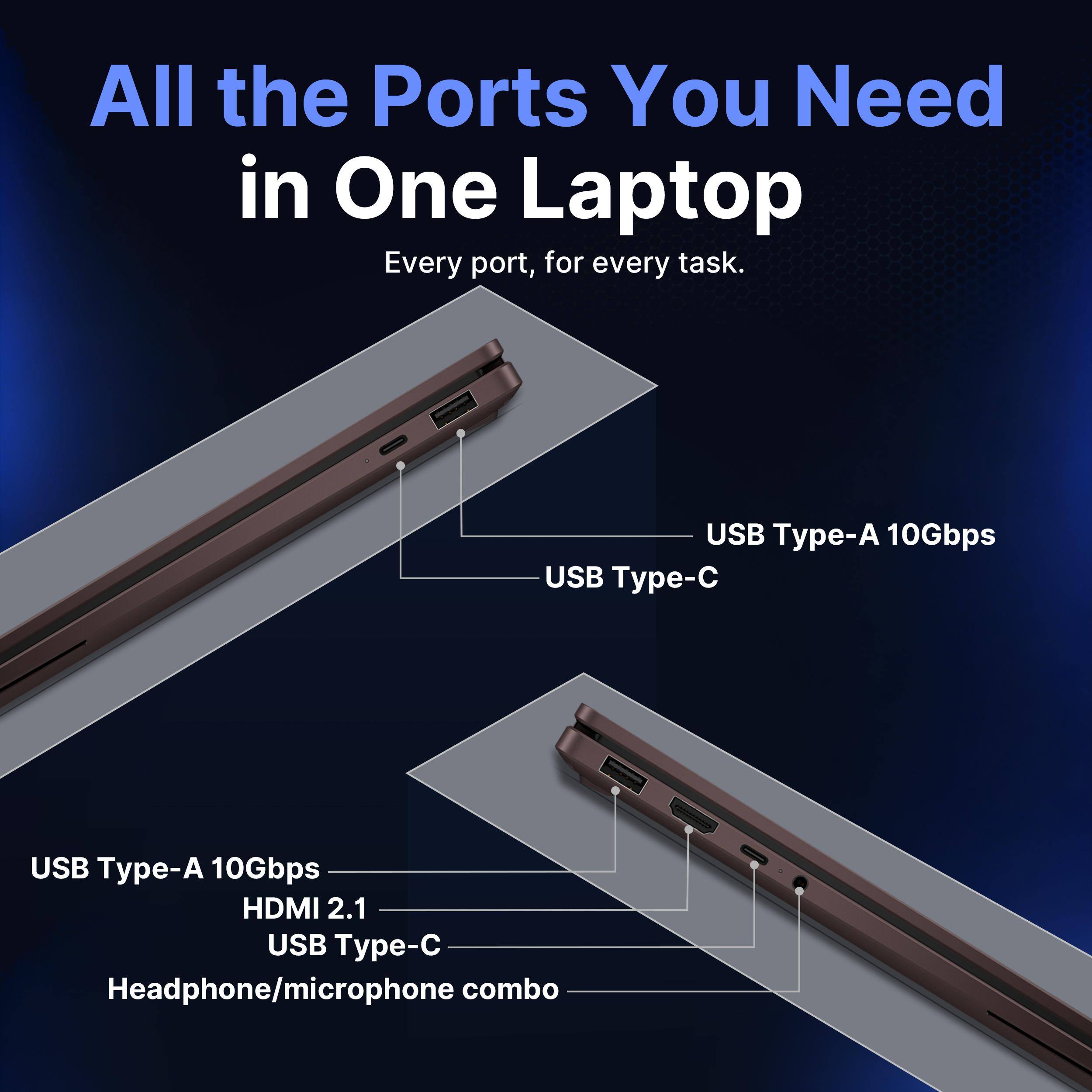 All the Ports You Need in One Laptop  
Every port, for every task.  
USB Type-A 10Gbps  
USB Type-C  
USB Type-A 10Gbps  
HDMI 2.1  
USB Type-C  
Headphone/microphone combo