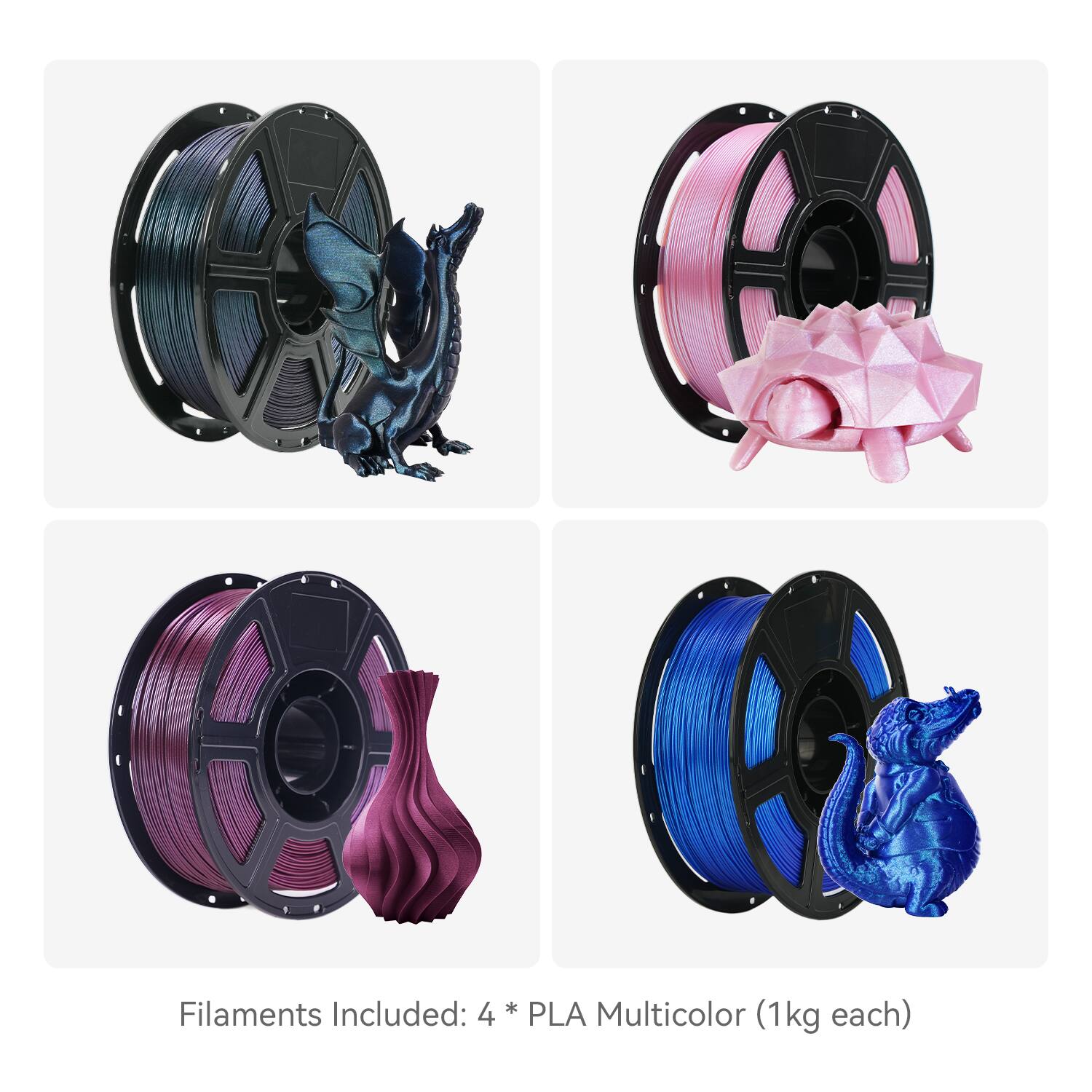 Filaments Included: 4 * PLA Multicolor (1kg each)