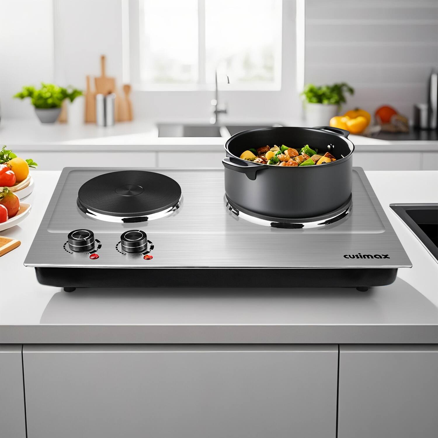 Angle. Cusimax - 1800W Countertop Cast Iron 7.4 6.1 In. 2 Burner With Temper Controls Portable Home Use Easy Clean Cooktops - Silver.