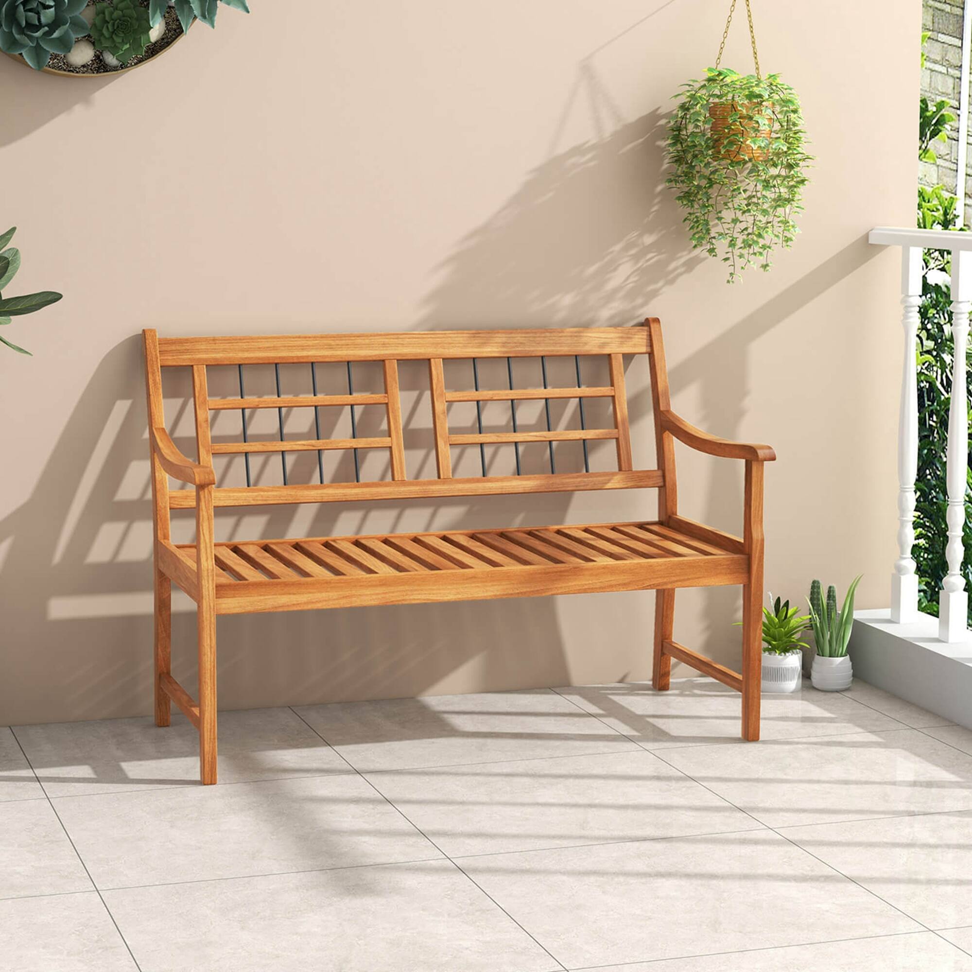 Alt View 4. Costway - Outdoor Acacia Wood Bench 2-Person Patio Bench with Slatted Seat &  Backrest - Natural.