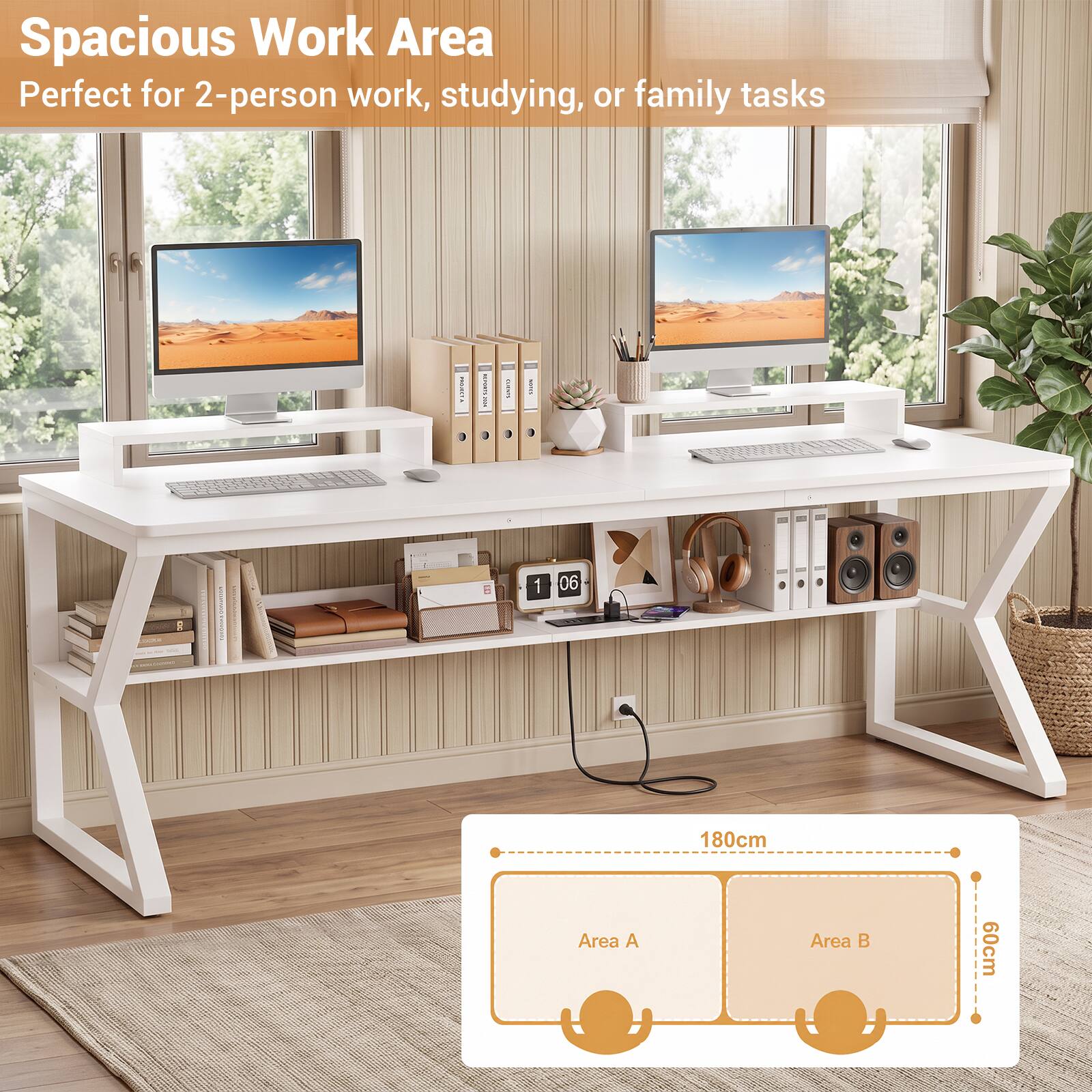 Spacious Work Area  
Perfect for 2-person work, studying, or family tasks  

180cm  
Area A  
Area B  
60cm