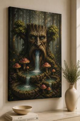 FC Design - Large Tree Spirit Mushroom Fountain Wall Art Canvas Print 24x36" Woodland Fantasy Nature Painting for Home Decor - MultiColor