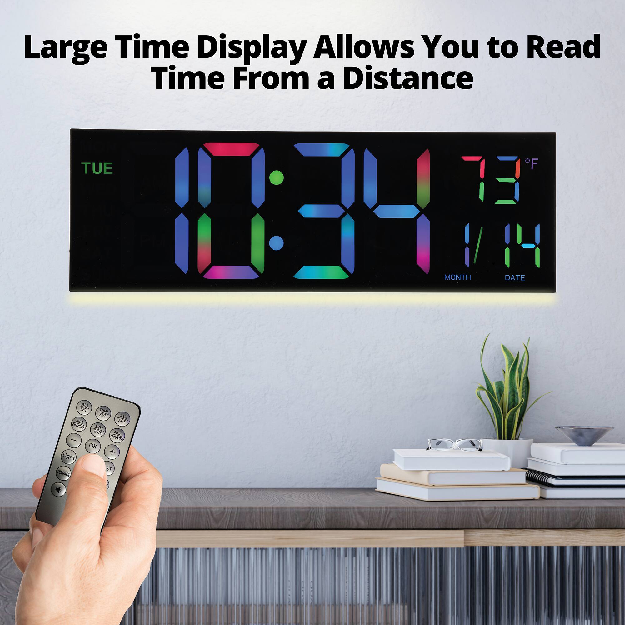 Large Time Display Allows You to Read Time From a Distance

TUE
10:34
73°F
1/14

SET TIME SET 300 ALL 21 CRAYONS MILL HAS FL2 chublich OK + Light ST ERVANIZ