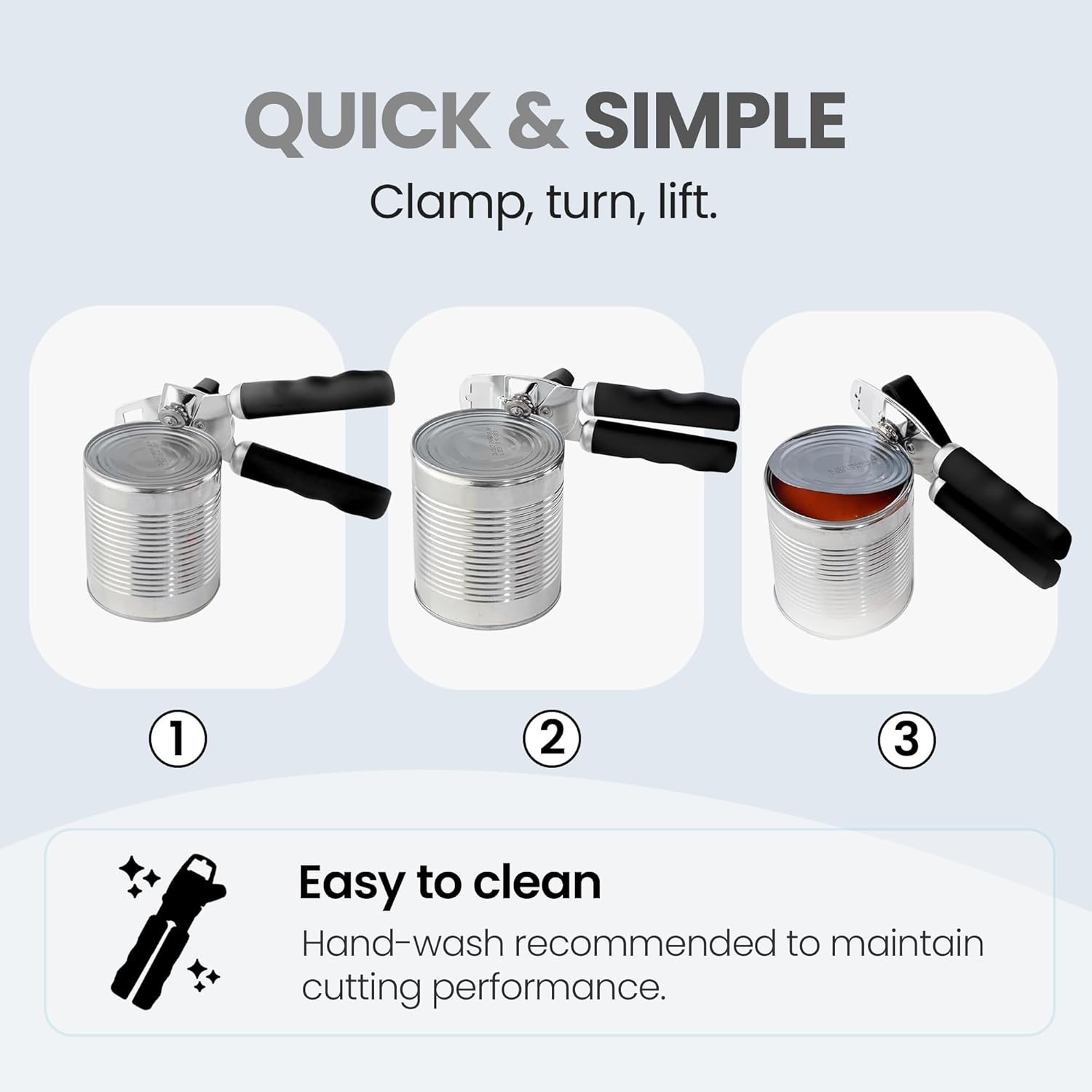QUICK & SIMPLE  
Clamp, turn, lift.  

1  
2  
3  

Easy to clean  
Hand-wash recommended to maintain cutting performance.