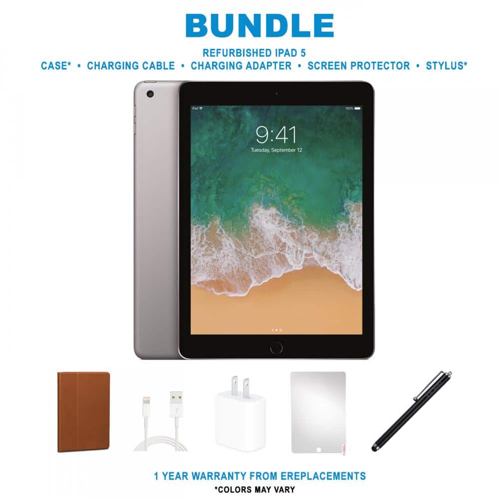 BUNDLE  
REFURBISHED IPAD 5  
CASE* • CHARGING CABLE • CHARGING ADAPTER • SCREEN PROTECTOR • STYLUS*  

9:41  
Tuesday, September 12  

1 YEAR WARRANTY FROM EREPLACEMENTS  
*COLORS MAY VARY