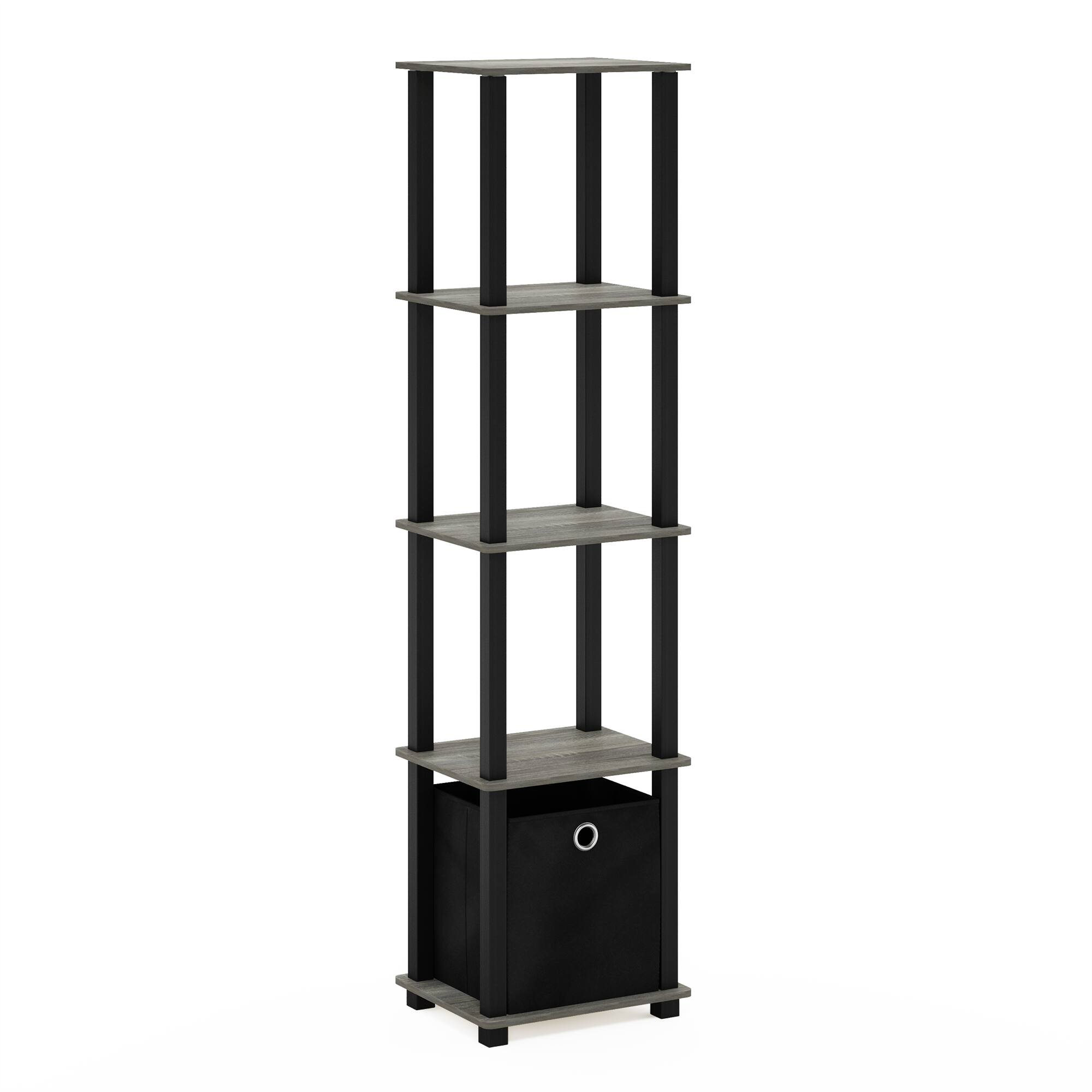 Front. Furinno - TNT No Tools 5-Tier Display Decorative Shelf with One Bin, French Oak/Black/Black - French Oak/Black/Black.