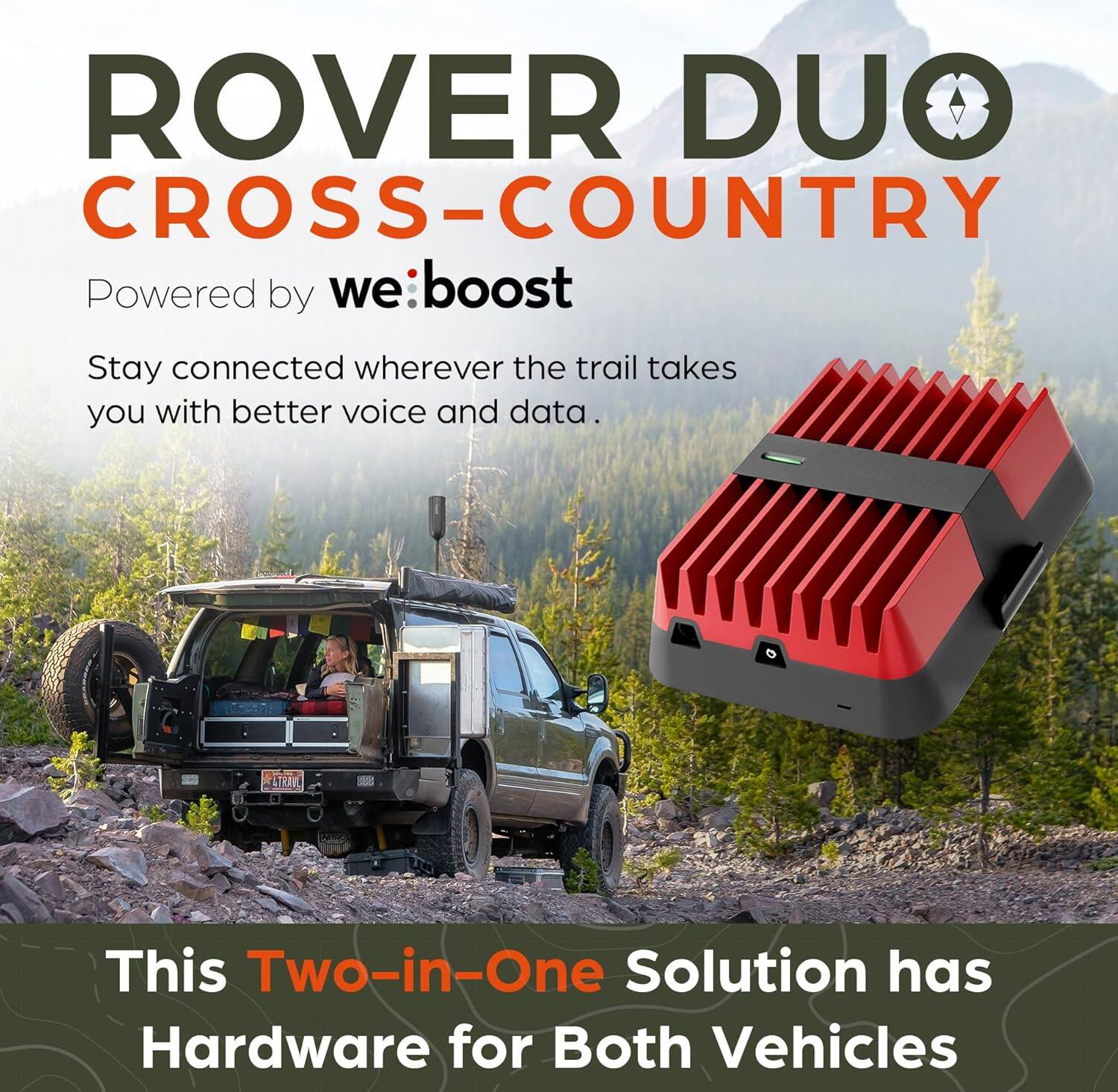ROVER DUO CROSS-COUNTRY  
Powered by we:boost  

Stay connected wherever the trail takes you with better voice and data.  

This Two-in-One Solution has Hardware for Both Vehicles