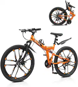 Winado - 26" Bike Foldable Mountain Bike Folding Bikes for Adults 21-Speed Shifting, Full Suspension, Dual Disc Brake - Orange