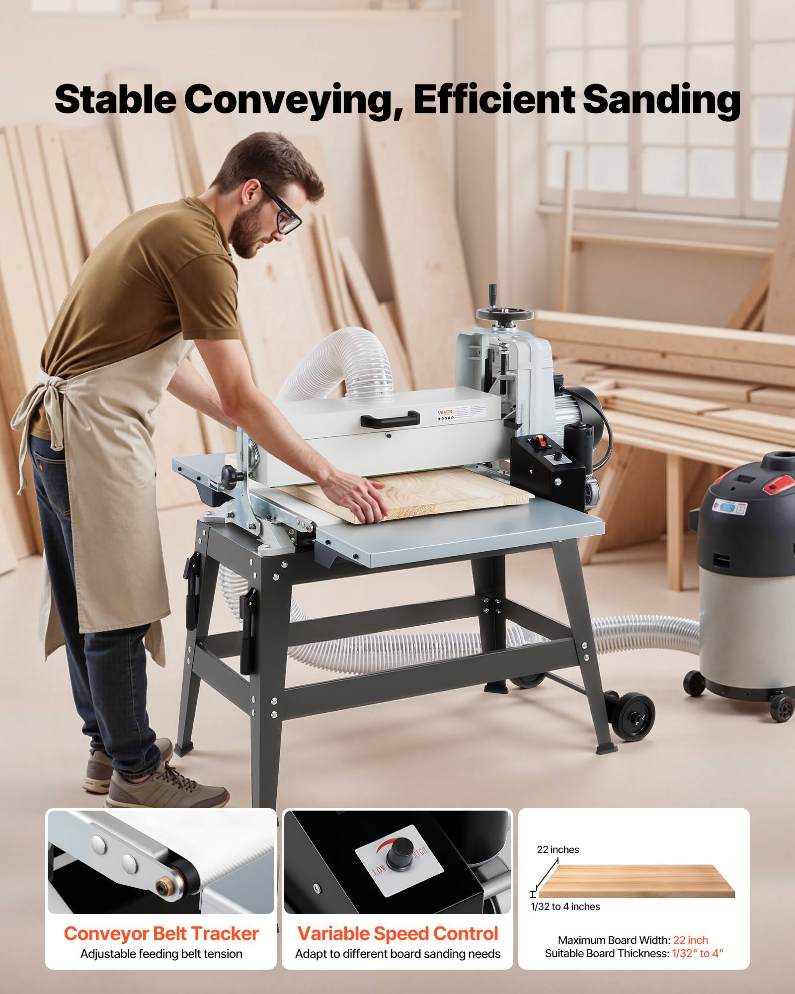 Stable Conveying, Efficient Sanding

agur FINK

NOT BIGH

22 inches
1/32 to 4 inches

Conveyor Belt Tracker
Adjustable feeding belt tension

Variable Speed Control
Adapt to different board sanding needs

Maximum Board Width: 22 inch
Suitable Board Thickness: 1/32" to 4"