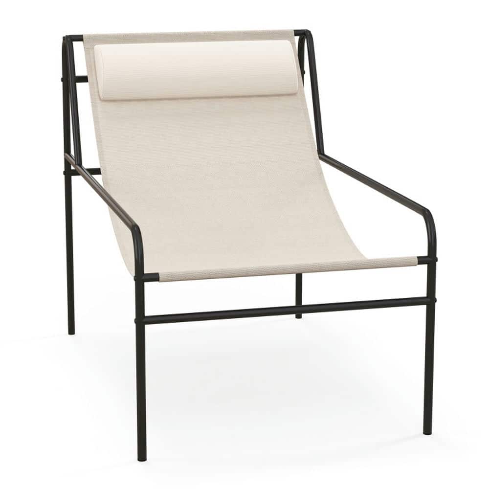 Pefilos - Patio Sling Lounge with Removable Headrest Pillow, Metal Frame, for Outdoor as Garden Lounge Chair - Beige