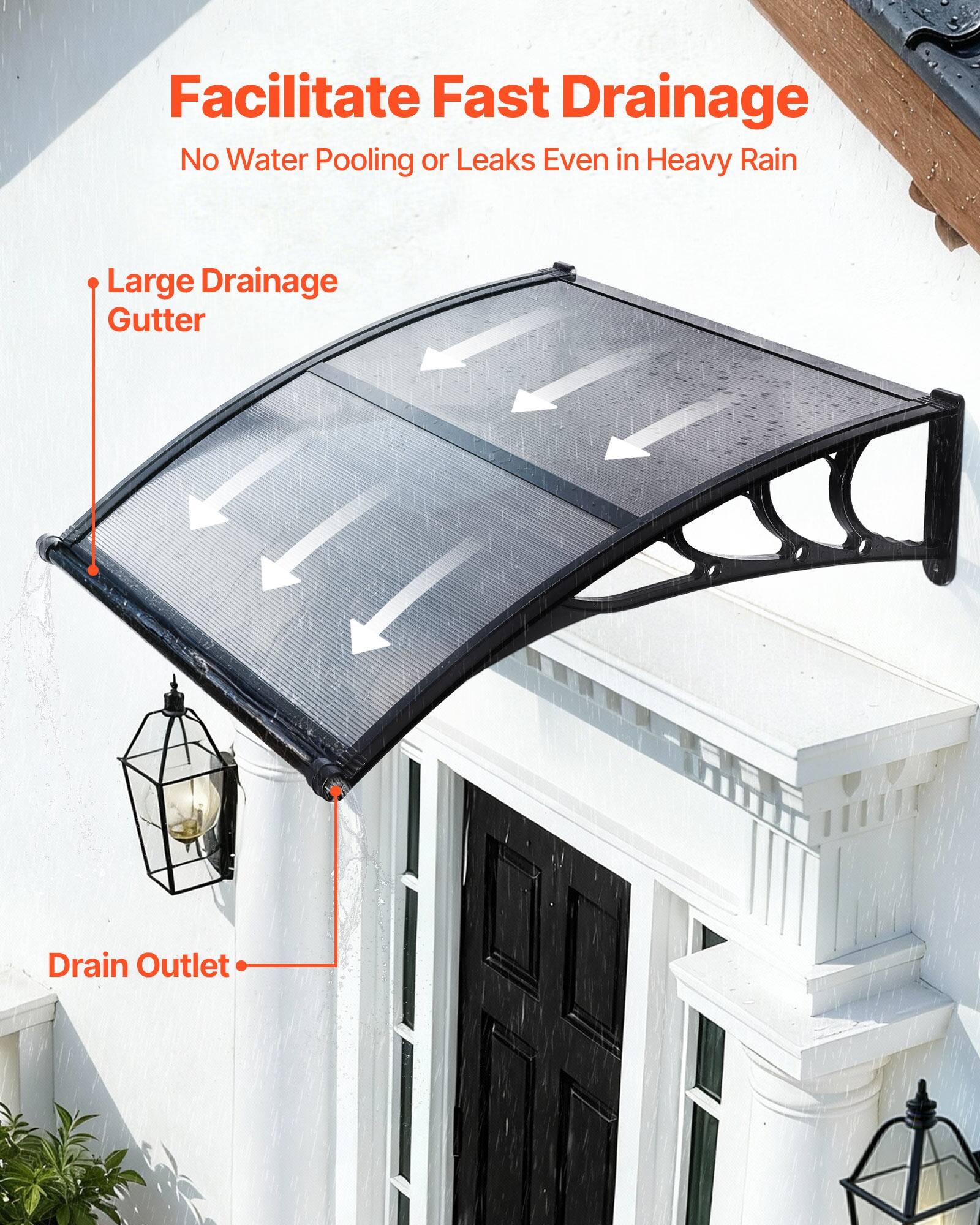 Facilitate Fast Drainage  
No Water Pooling or Leaks Even in Heavy Rain  

- Large Drainage Gutter  
- Drain Outlet