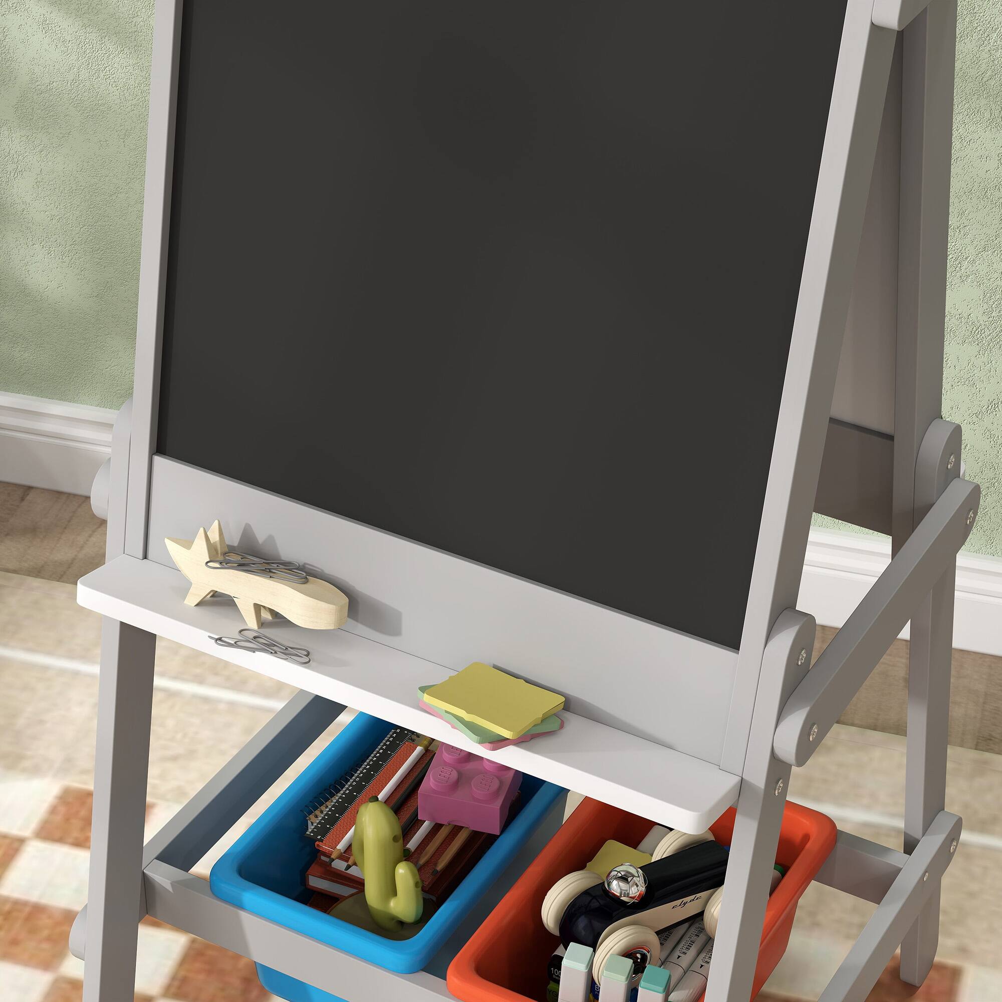 Alt View 5. Qaba - Art Easel, Easel for Kids with Paper Roll, Double Sided Whiteboard & Chalkboard, Paper Stand, 2 Storage Boxes.