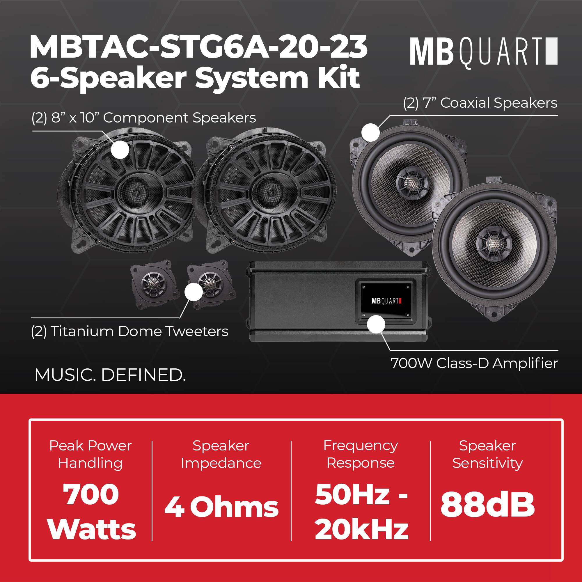 MBTAC-STG6A-20-23 MB QUART 6-Speaker System Kit  
(2) 7" Coaxial Speakers  
(2) 8" x 10" Component Speakers  
(2) Titanium Dome Tweeters  
700W Class-D Amplifier  

Peak Power Handling: 700 Watts  
Speaker Impedance: 4 Ohms  
Frequency Response: 50Hz - 20kHz  
Speaker Sensitivity: 88dB
