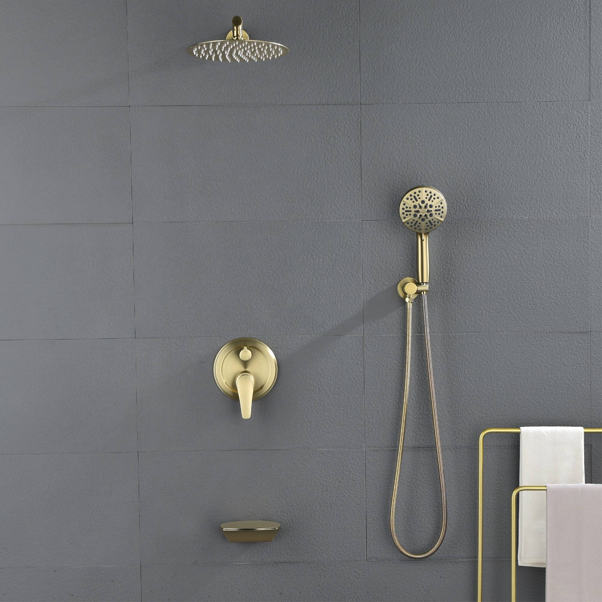 Alt View 1. Boyel Living - Brushed Gold 10-Inch Rain Shower System Brass SUS304 3-Function Valve 7-Function Handheld cUPC - Brushed Gold.