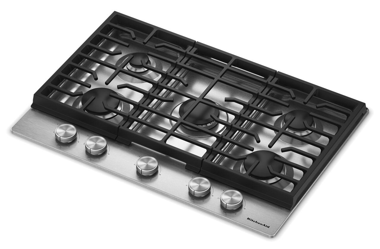 Left. KitchenAid - 30 in. Wide 5 burners Gas Cooktop with Versatile Burners - Stainless Steel.