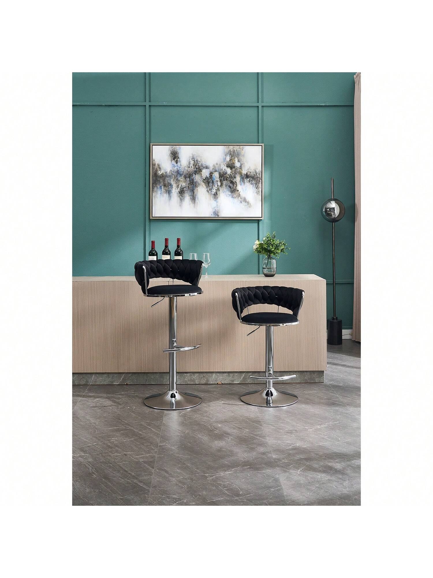 Back. Trinkets Crazed - Velvet Bar Stools Set Of 2, Modern Swivel Barstools With Woven Backrest, Adjustable Counter Stools - Black.