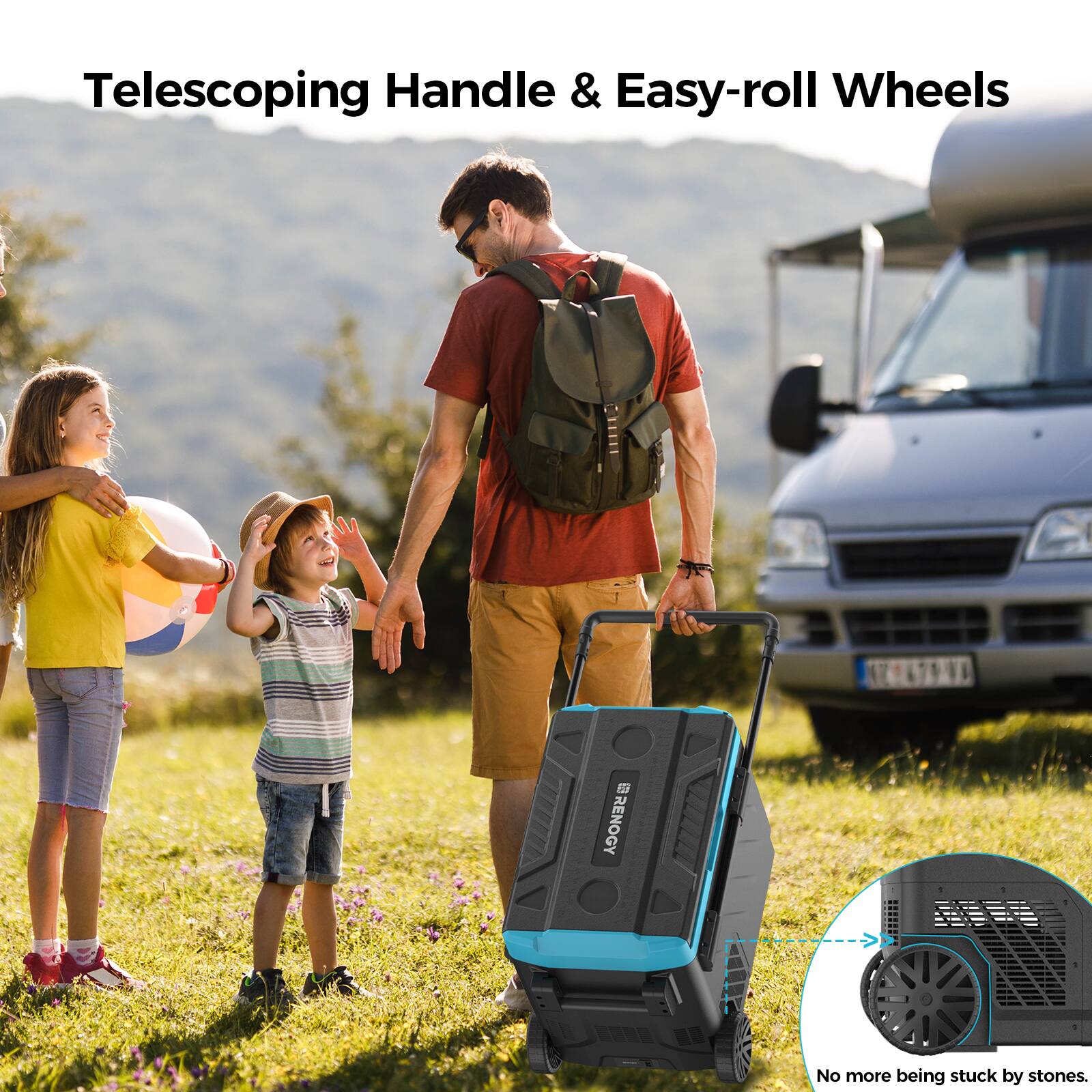 Telescoping Handle & Easy-roll Wheels - RENOGY d - No more being stuck by stones.