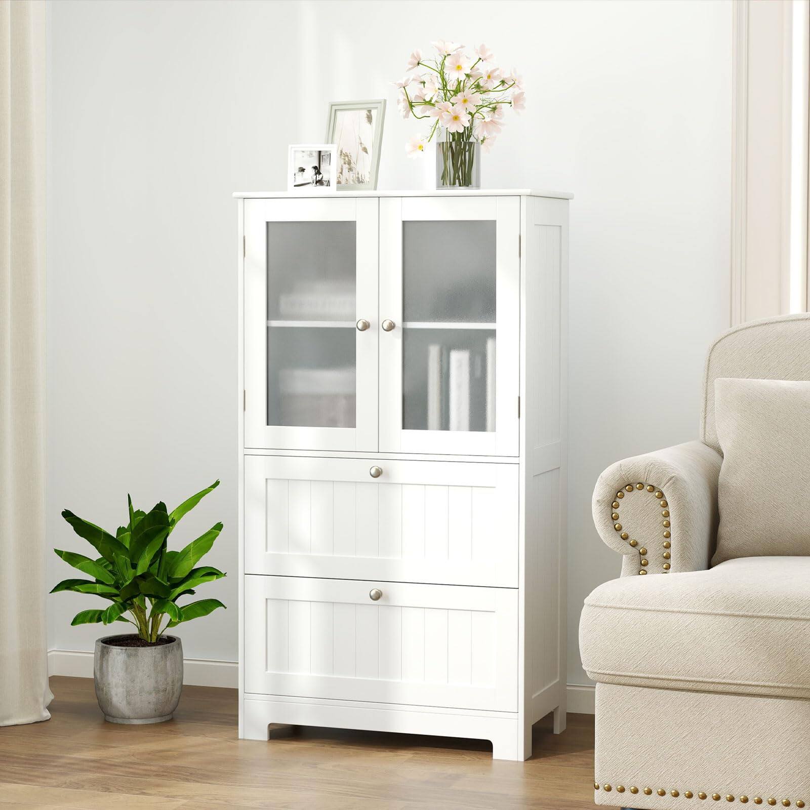 Alt View 7. Ecooso - Bathroom Floor Storage Cabinet with 2 Drawers and 2 Frosted Glass Doors, Freestanding Organizer - White.