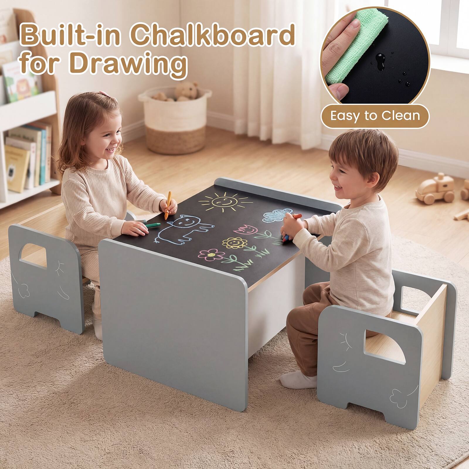 Built-in Chalkboard for Drawing  
Easy to Clean