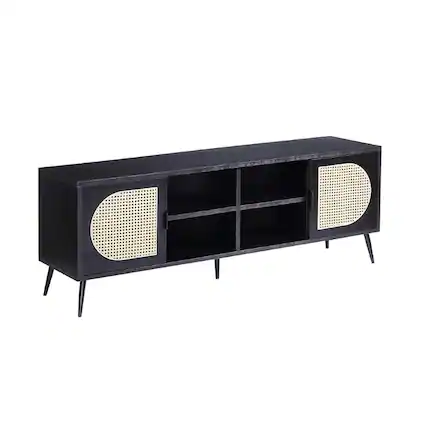 Front. Manhattan Lane - 60 Inch TV Entertainment Center, Rattan Front 2 Cabinet, Metal Legs, Black - Black.