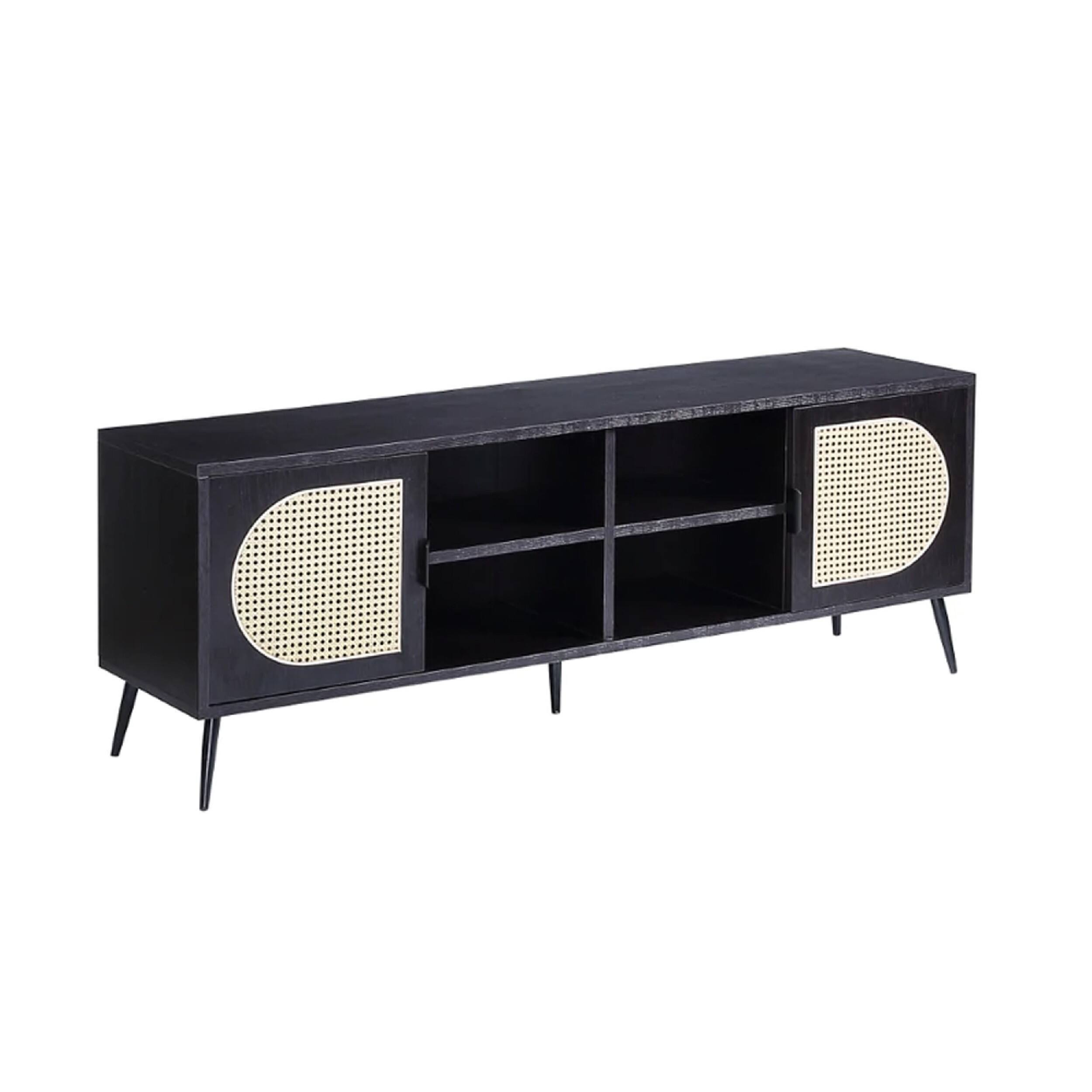 Front. Manhattan Lane - 60 Inch TV Entertainment Center, Rattan Front 2 Cabinet, Metal Legs, Black - Black.