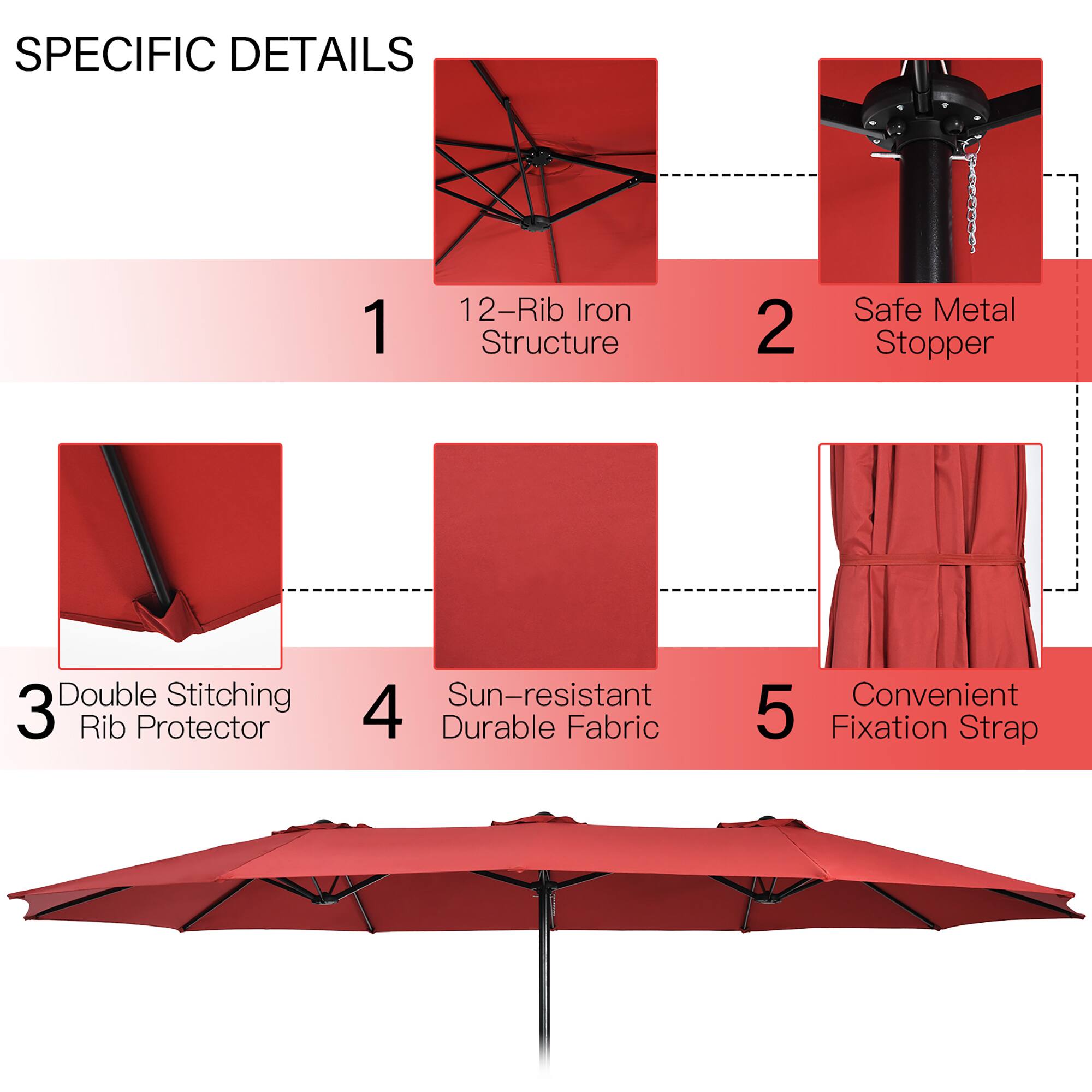 SPECIFIC DETAILS  
1. 12-Rib Iron Structure  
2. Safe Metal Stopper  
3. Double Stitching Rib Protector  
4. Sun-resistant Durable Fabric  
5. Convenient Fixation Strap
