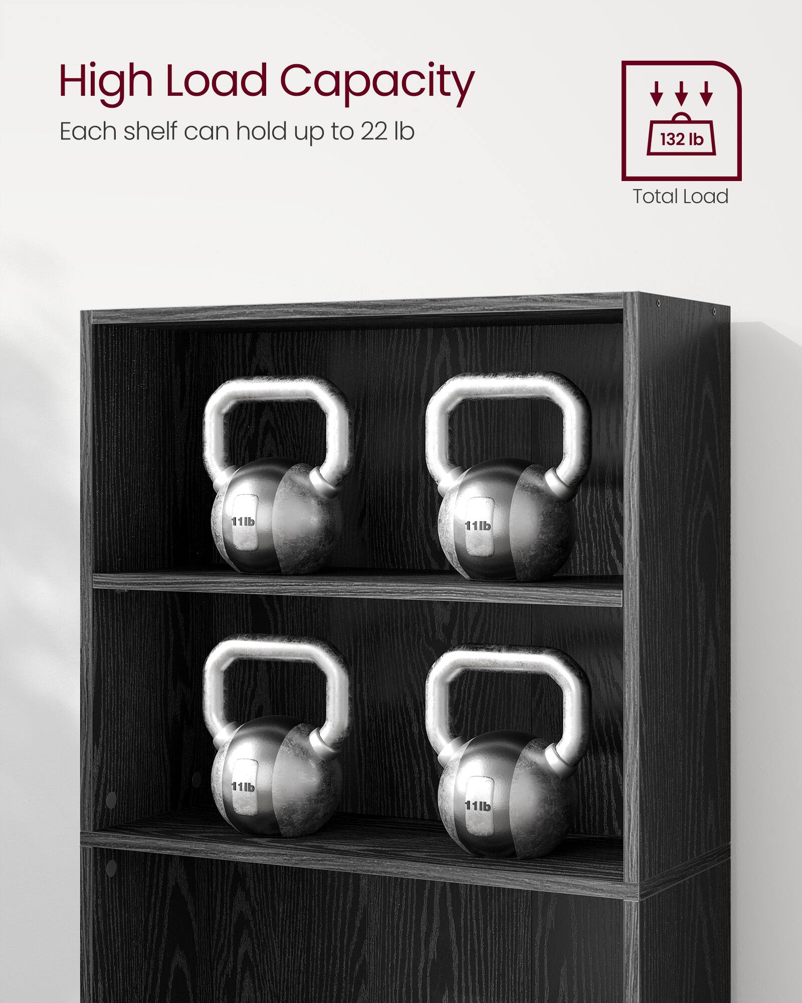 High Load Capacity  
Each shelf can hold up to 22 lb  
Total Load 132 lb  
11lb 11lb 11lb 11lb