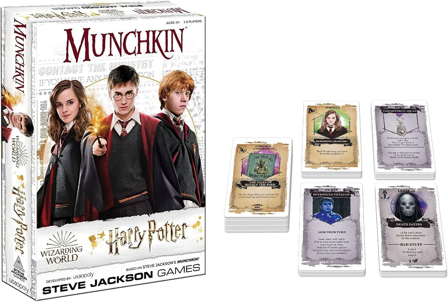 Munchkin Harry Potter  
Wizarding World  
Ages: 10+  
3-6 Players  

Contact the Ministry if you have any questions.  
Based on Steve Jackson's Munchkin!  
Developed by USAopoly  
Steve Jackson Games  

Cards:  
- Hermione Granger  
- The Tales of Beedle the Bard  
- Curse: Petrificus Totalus!  
- Level 10: Death Eaters  
- Inquisitorial Squad