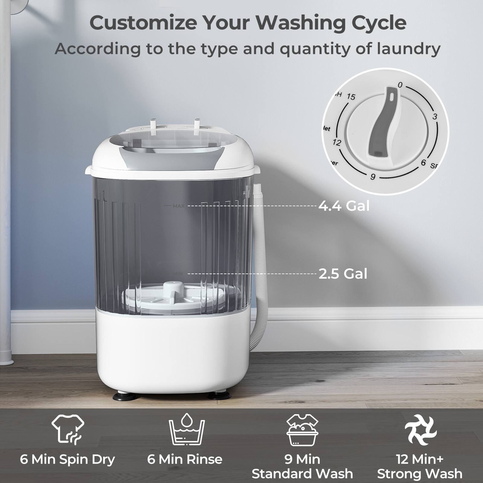 Customize Your Washing Cycle  
According to the type and quantity of laundry  

- 6 Min Spin Dry  
- 6 Min Rinse  
- 9 Min Standard Wash  
- 12 Min+ Strong Wash  

H 15  
0  
let 12  
er 9  
6  
S MAX 4.4 Gal  
MIN 2.5 Gal