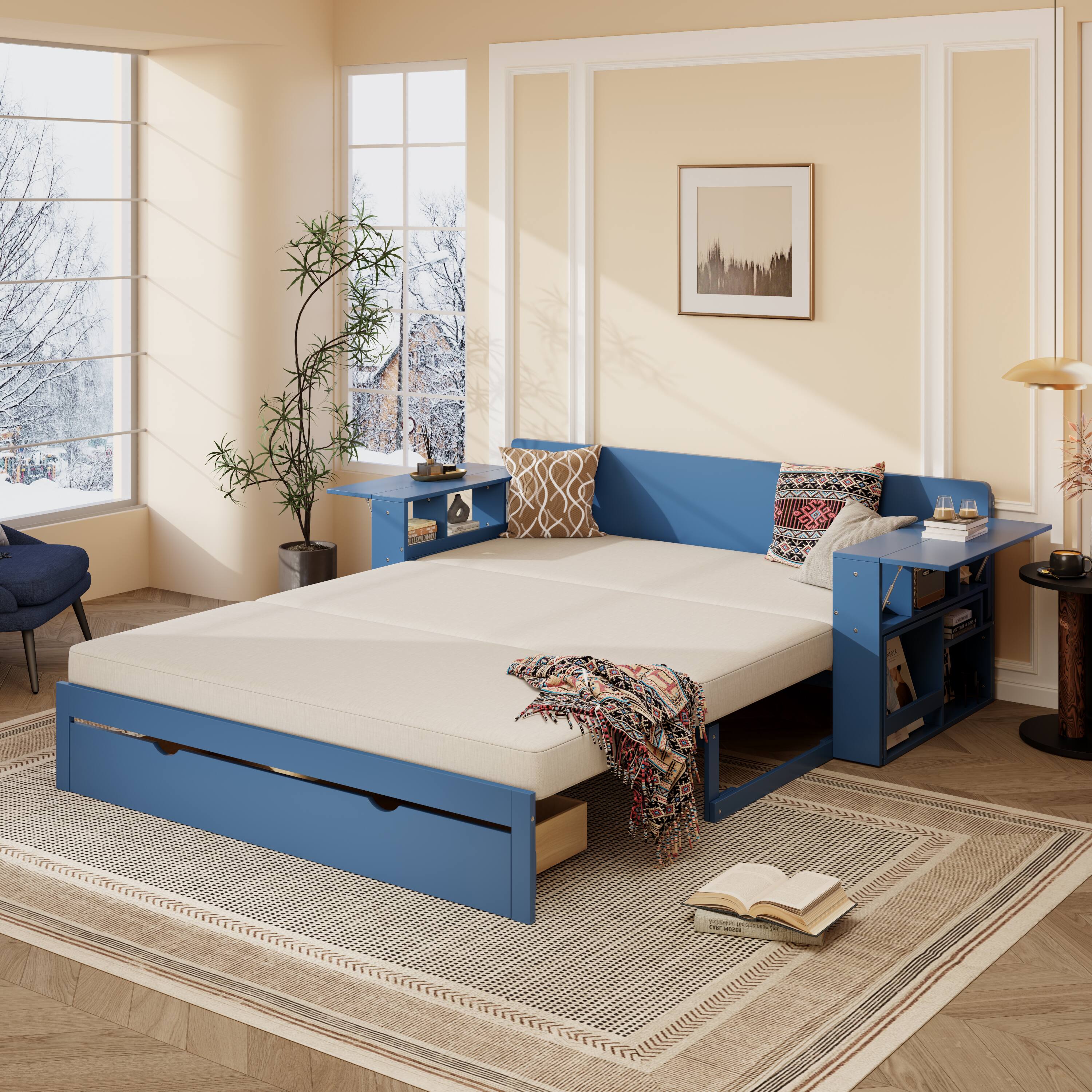 Back. Anysun - Queen Size Daybed with Removable Desk, Storage Drawers & Hydraulic Side Table - Blue.