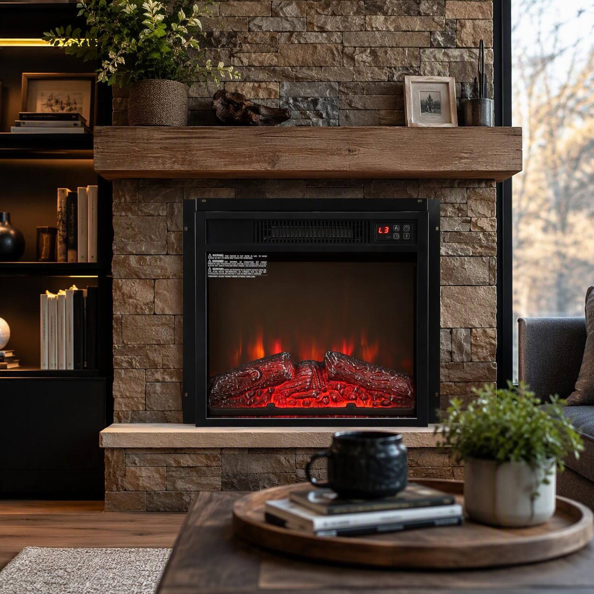 Angle. RYHNUYNE - 18 Inch Black Ultra Thin Electric Fireplace Insert Heater, 1400W Realistic Log Flame Remote Control For Home - Black.
