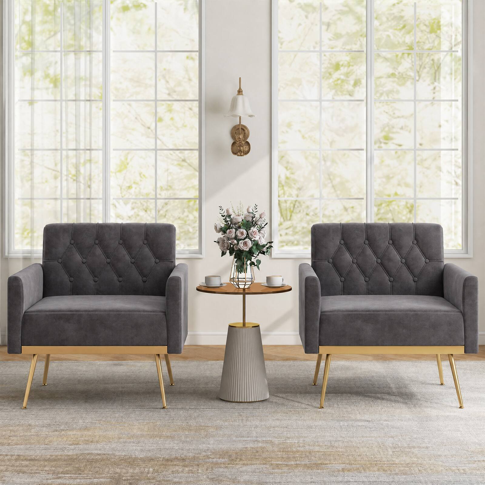 Alt View 1. Costway - Costway Mid-century Upholstered Accent Chair with Button Tufted Back, Golden Metal Legs - Gray.