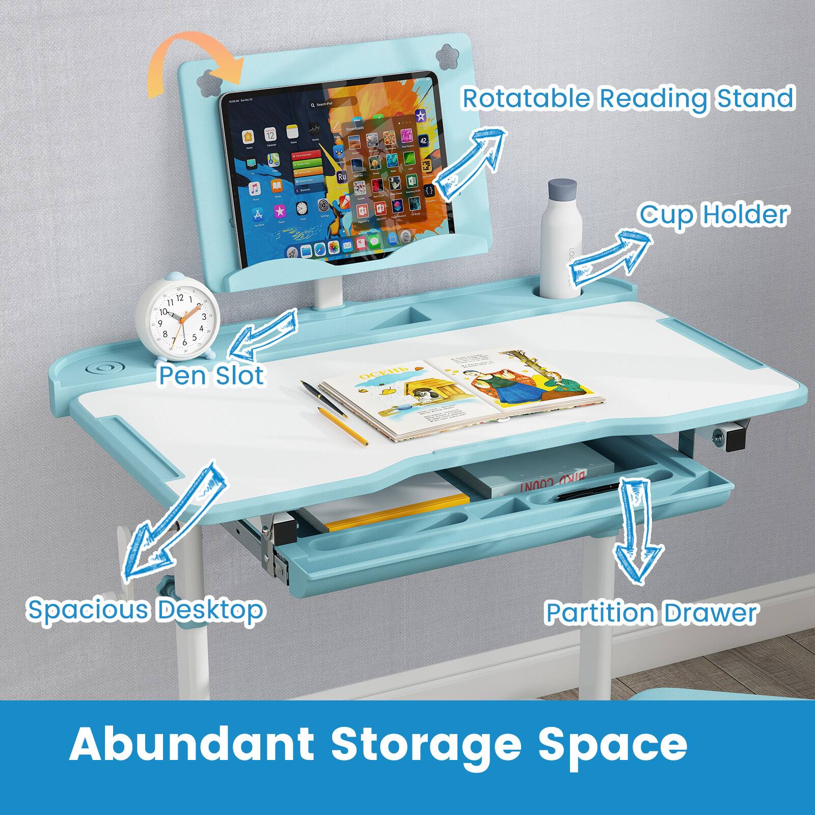 - Rotatable Reading Stand
- Cup Holder
- Pen Slot
- Spacious Desktop
- Partition Drawer
- Abundant Storage Space