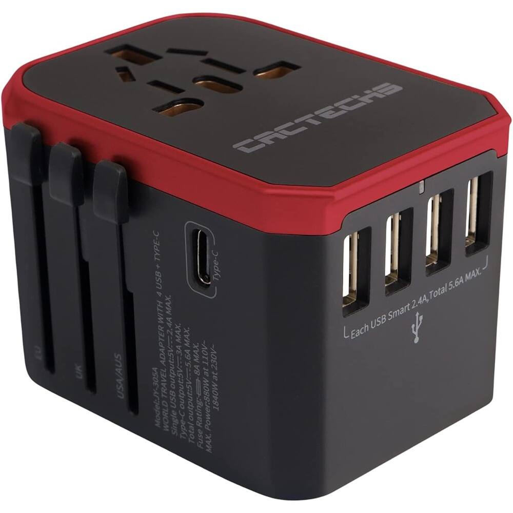 Sure, here is the corrected and grouped text from the image:

---

**Cactechs**

**Model: JY-305A**

**World Travel Adapter with 4 USB + Type-C**

**USA/AUS**

**Each USB Smart 2.4A, Total 5.6A MAX.**

**USB Output: 5V - 2.4A**

**Type-C Output: 5V - 5A**

**Power Rating: 880W**

**Fuse: 8A at 230V~**

**Total Power: 1840W**

**World Travel Adapter with 4 USB + Type-C**

**Single USB Output: 5V - 2.4A**

**Total USB Output: 5V - 5.6A MAX.**

**Type-C Output: 5V - 5A**

**Power Rating: 880W**

**Fuse: 8A at 230V~**

**Total Power: 1840W**

**USA/AUS**

---

This text is grouped and corrected for clarity.