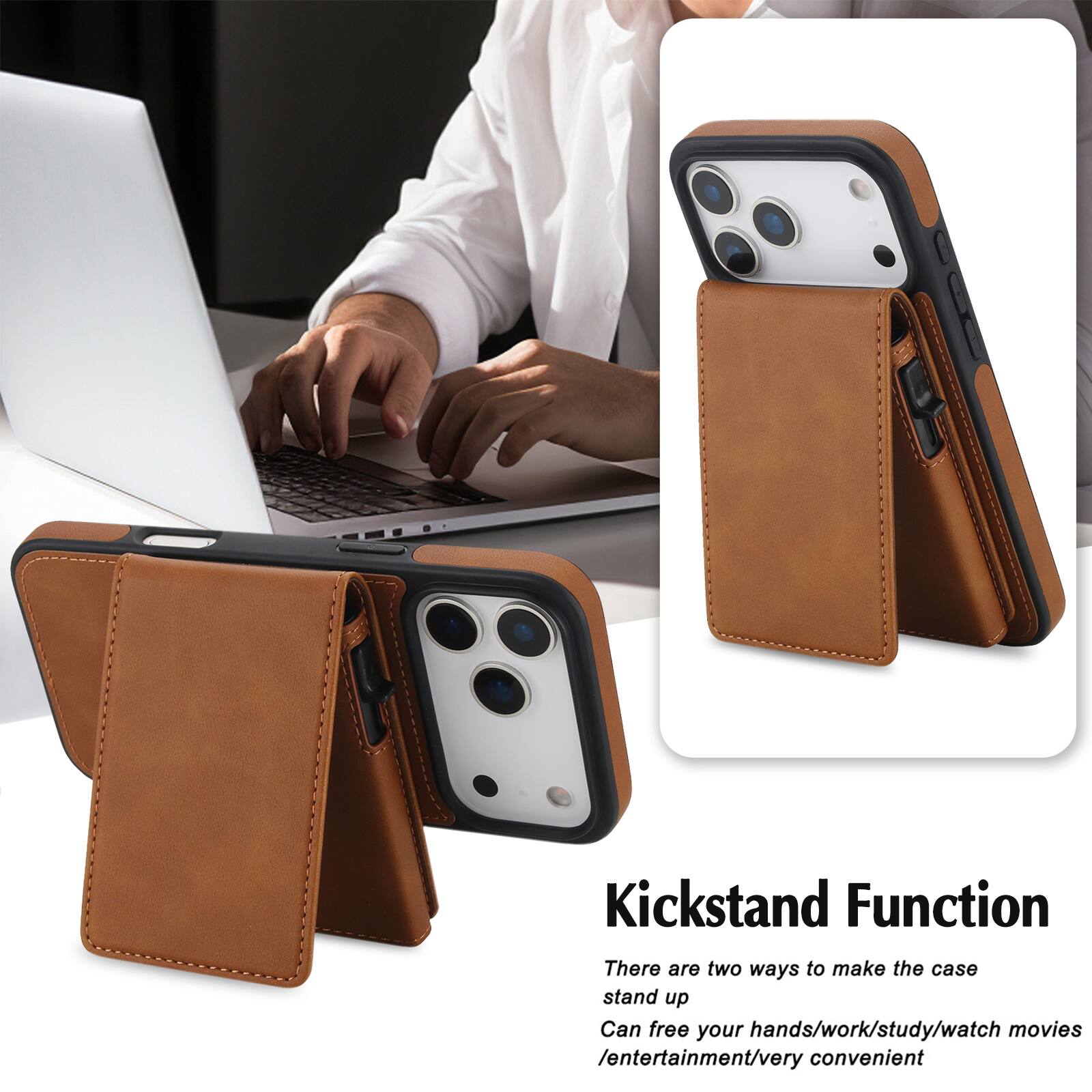 Kickstand Function

There are two ways to make the case stand up. Can free your hands/work/study/watch movies/entertainment/very convenient
