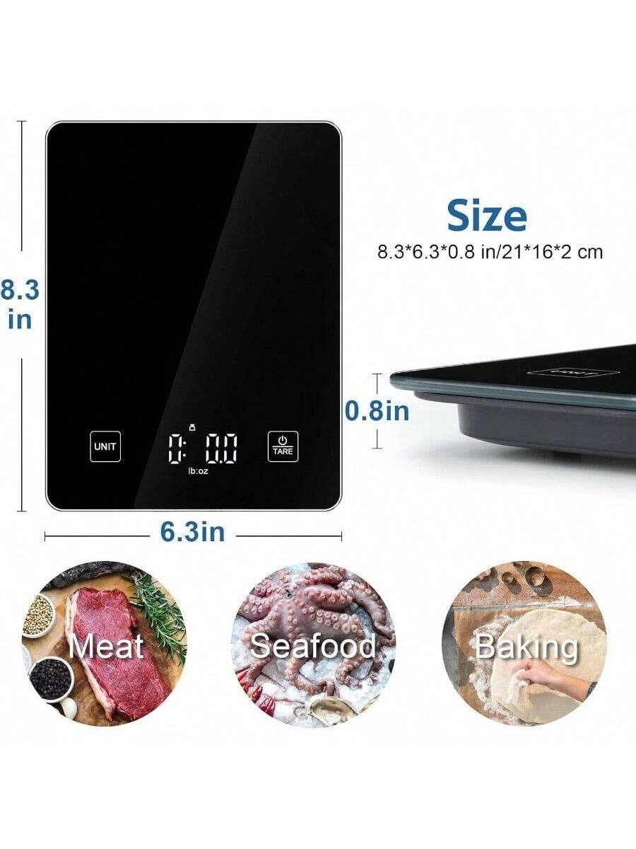 Size: 8.3*6.3*0.8 in/21*16*2 cm

8.3 in  
6.3 in  
0.8 in

UNIT  
lb:oz  
TARE

Meat  
Seafood  
Baking