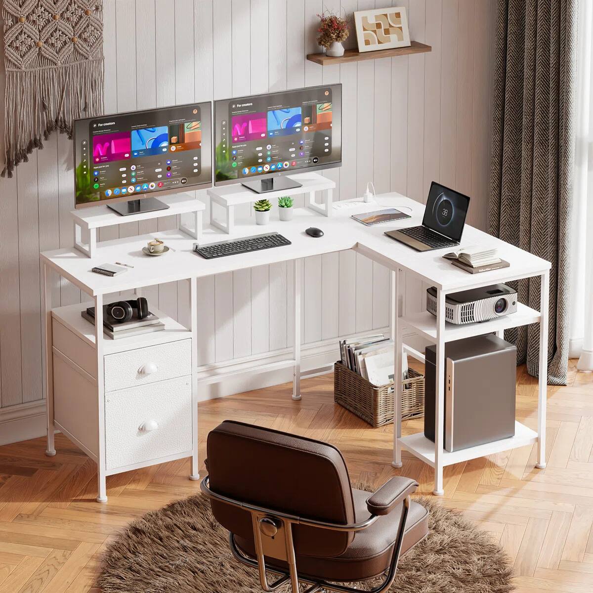 Furnulem - 59 In LShaped Computer Desk with 2 Monitor Stand Power Outlet Cabinet Gaming Desk Metal Base with Drawers desk - White