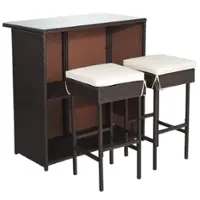 Costway 3PCS Patio Rattan Wicker Bar Table Stools Dining Set Cushioned Chairs Garden - Mixed Brown/White - Front_Zoom