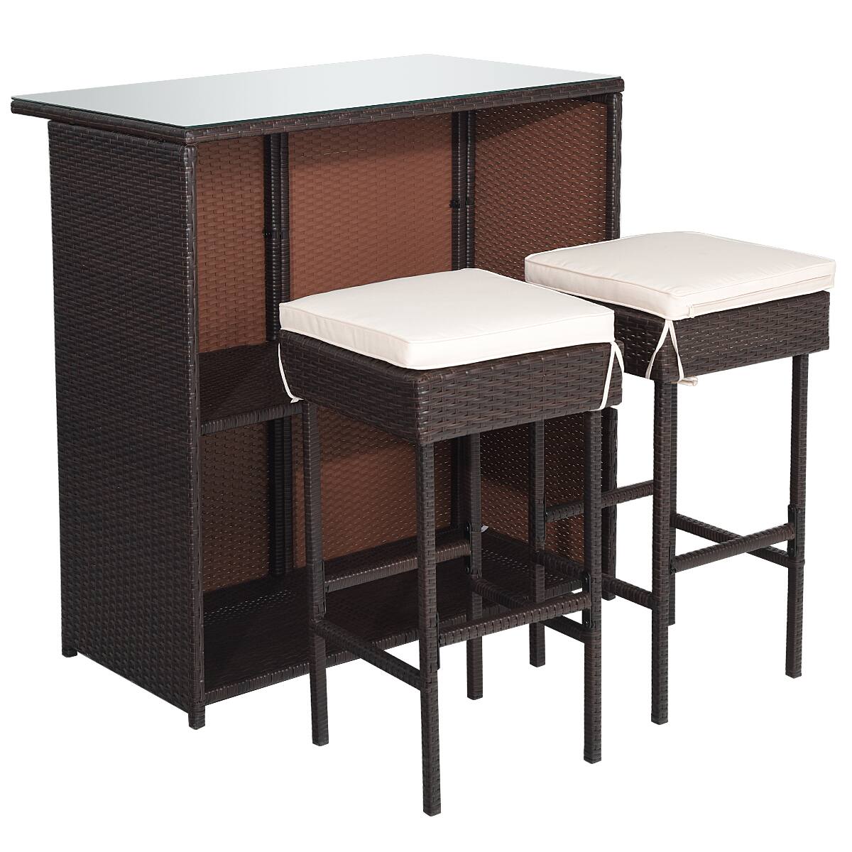Front. Costway - 3PCS Patio Rattan Wicker Bar Table Stools Dining Set Cushioned Chairs Garden - Mixed Brown/White.