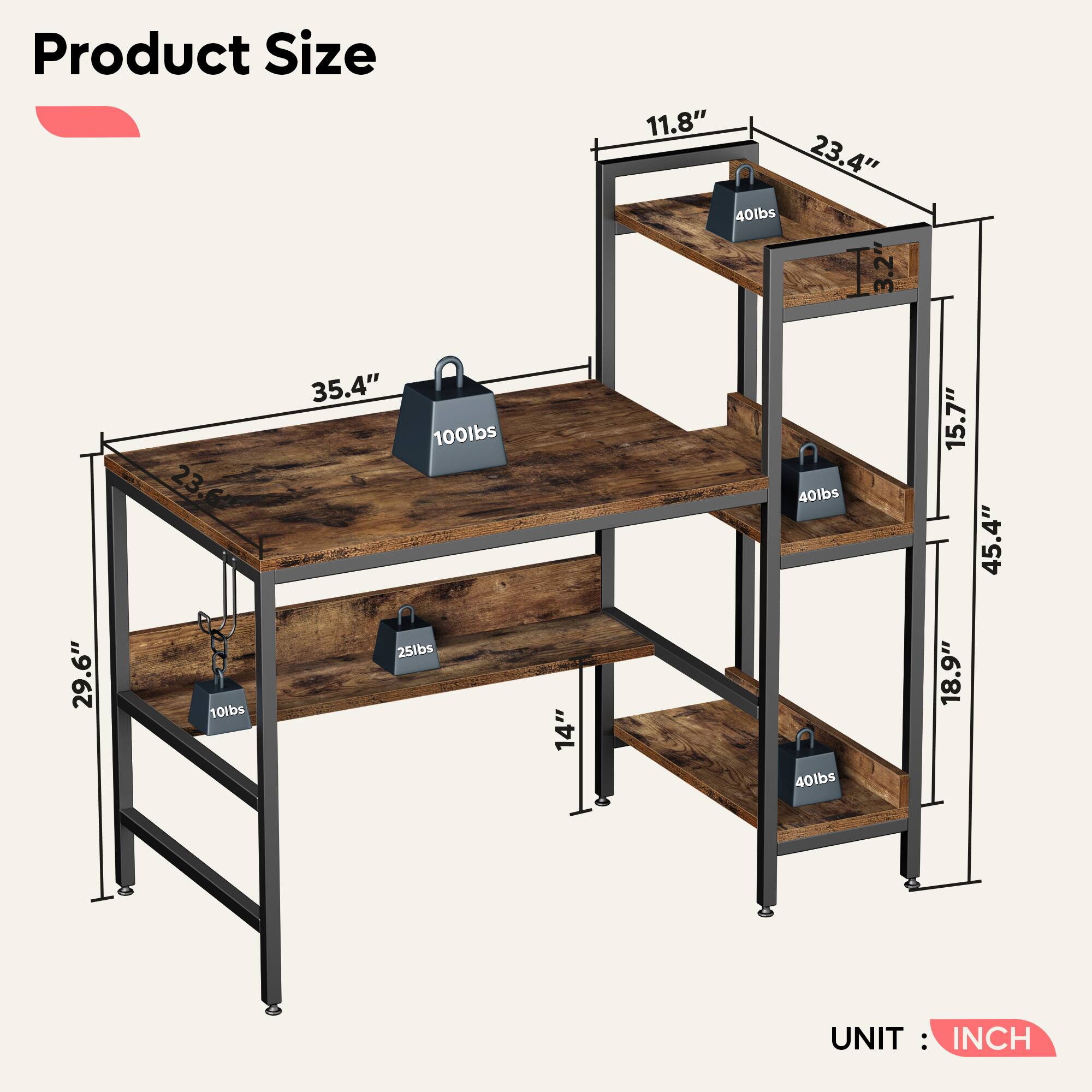 Product Size: 11.8" x 23.4" x 40lbs; 3.2" x 29.6" x 23.6lbs; 10lbs x 35.4" x 100lbs; 25lbs x 14" x 40lbs; 15.7" x 18.9" x 45.4"
UNIT: INCH
