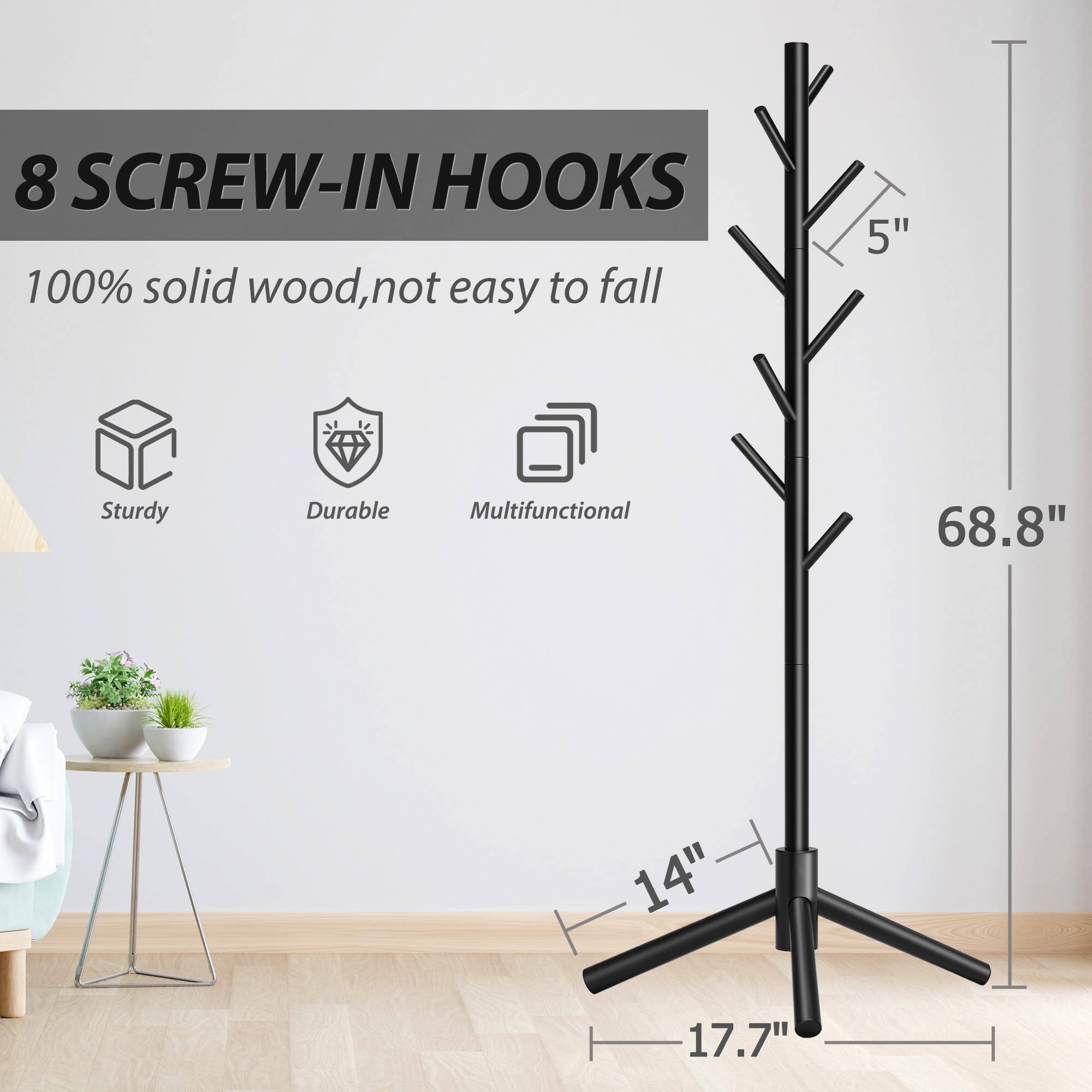 8 SCREW-IN HOOKS  
100% solid wood, not easy to fall  
Sturdy  
Durable  
Multifunctional  

5"  
68.8"  
14"  
17.7"