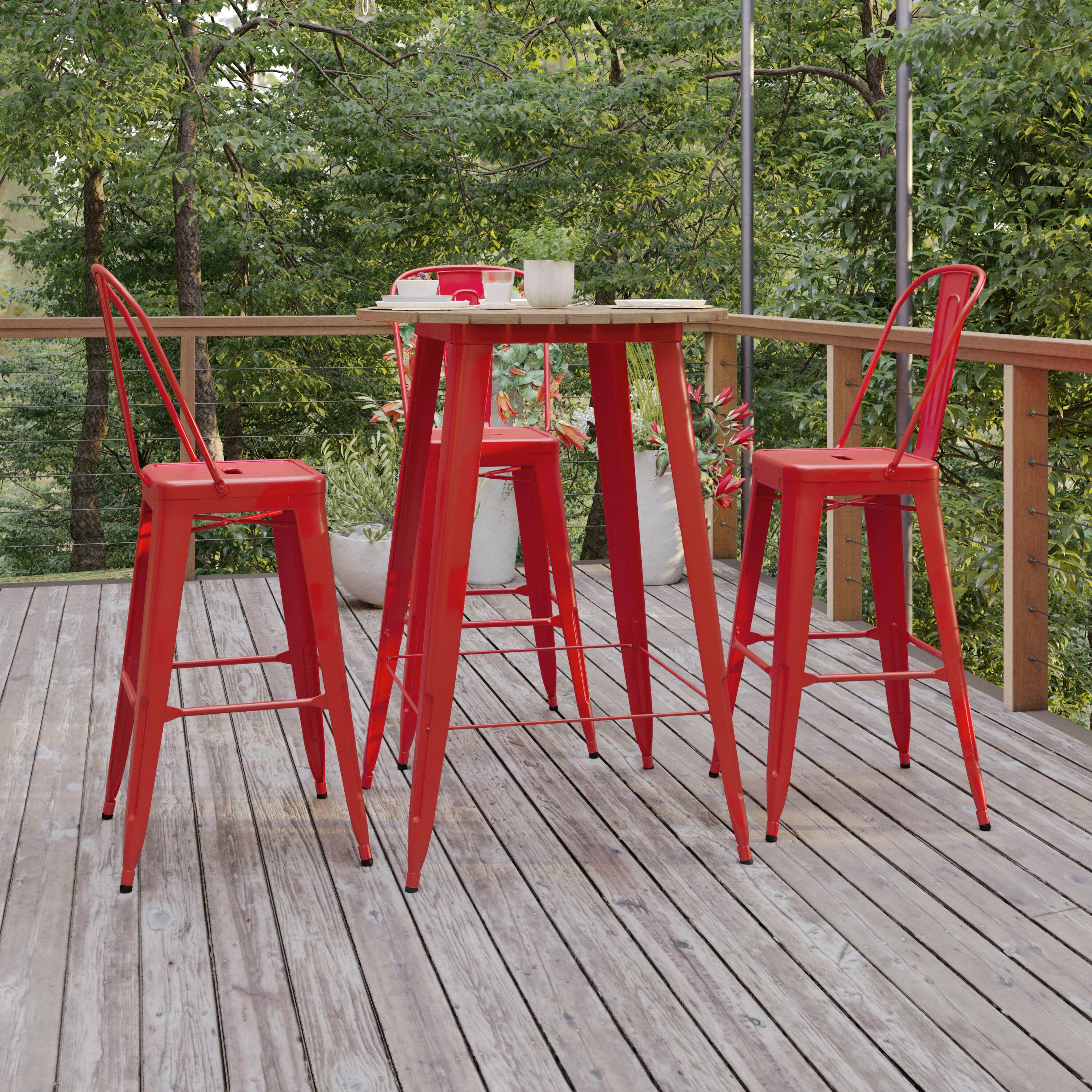 Alt View 2. Flash Furniture - Declan Commercial Indoor/Outdoor Bar Top Table, 30" Round All Weather Brown Poly Resin Top with Red Steel base - Red.