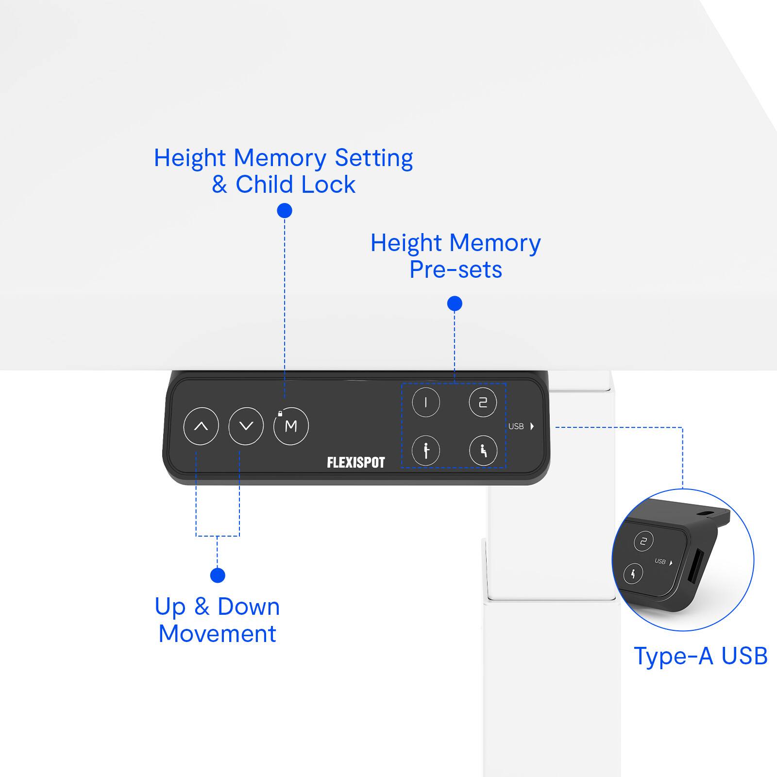 - Height Memory Setting & Child Lock
- Height Memory Pre-sets
- Up & Down Movement
- Type-A USB
