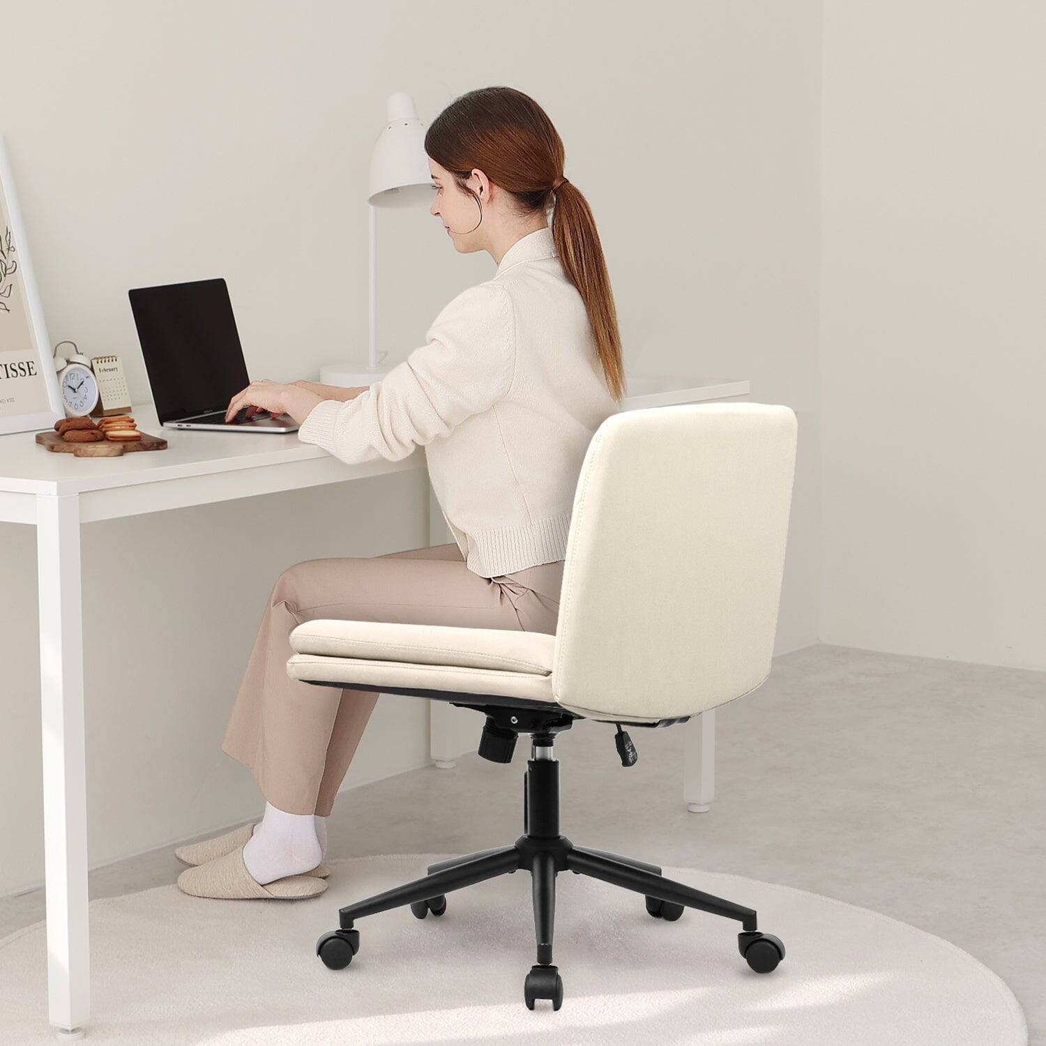 Alt View 2. Neo Chair - Criss Cross Chair with Wheels, Armless Cross-Legged Office Desk Chair, PU Leather Rolling Vanity Chair for Home Office - Leather-Ivory.
