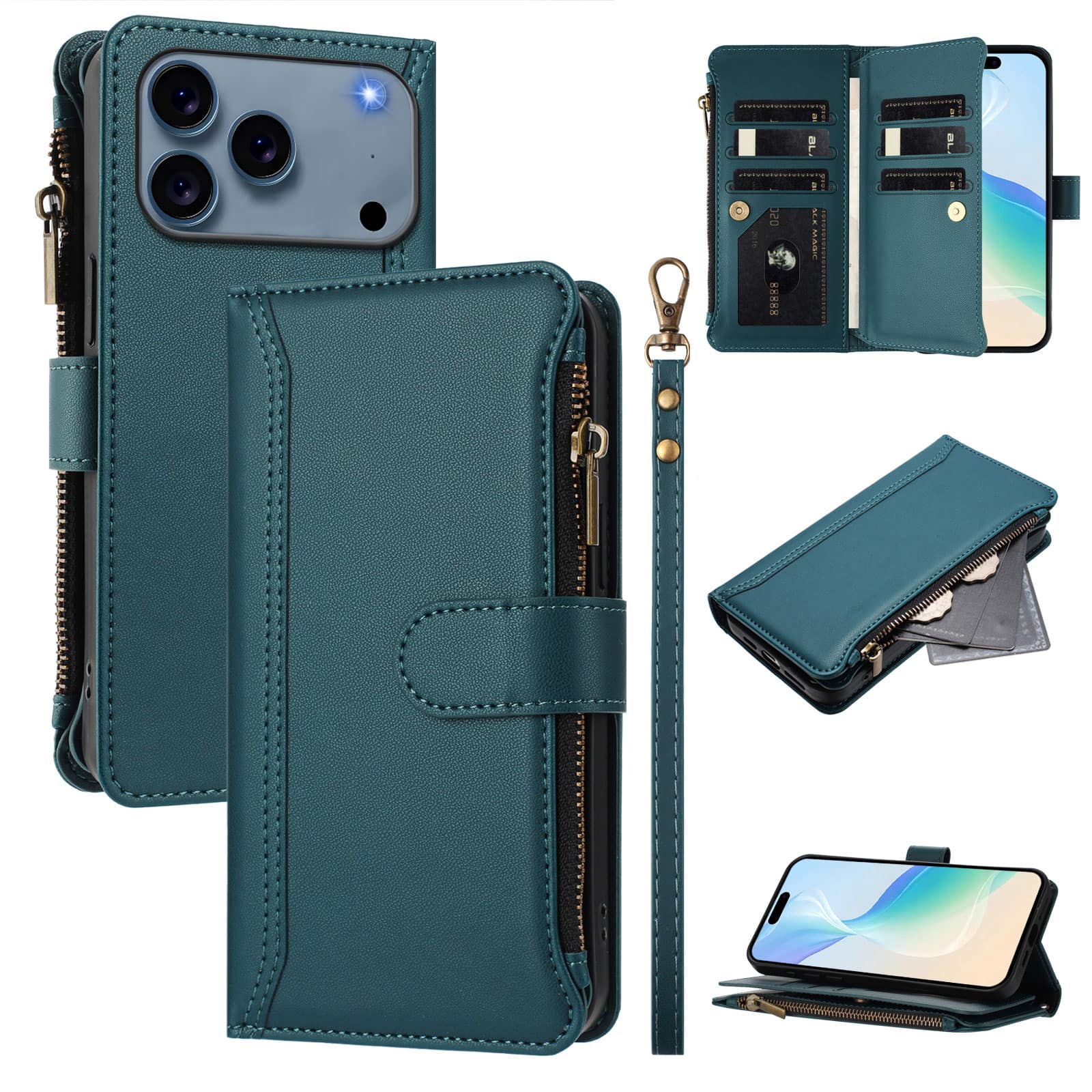Dteck - Crossbody Wallet Case for Apple iPhone 17 Pro, Shockproof Zipper PU Leather Flip Stand Cover with 9 Card Slots - Darkgreen